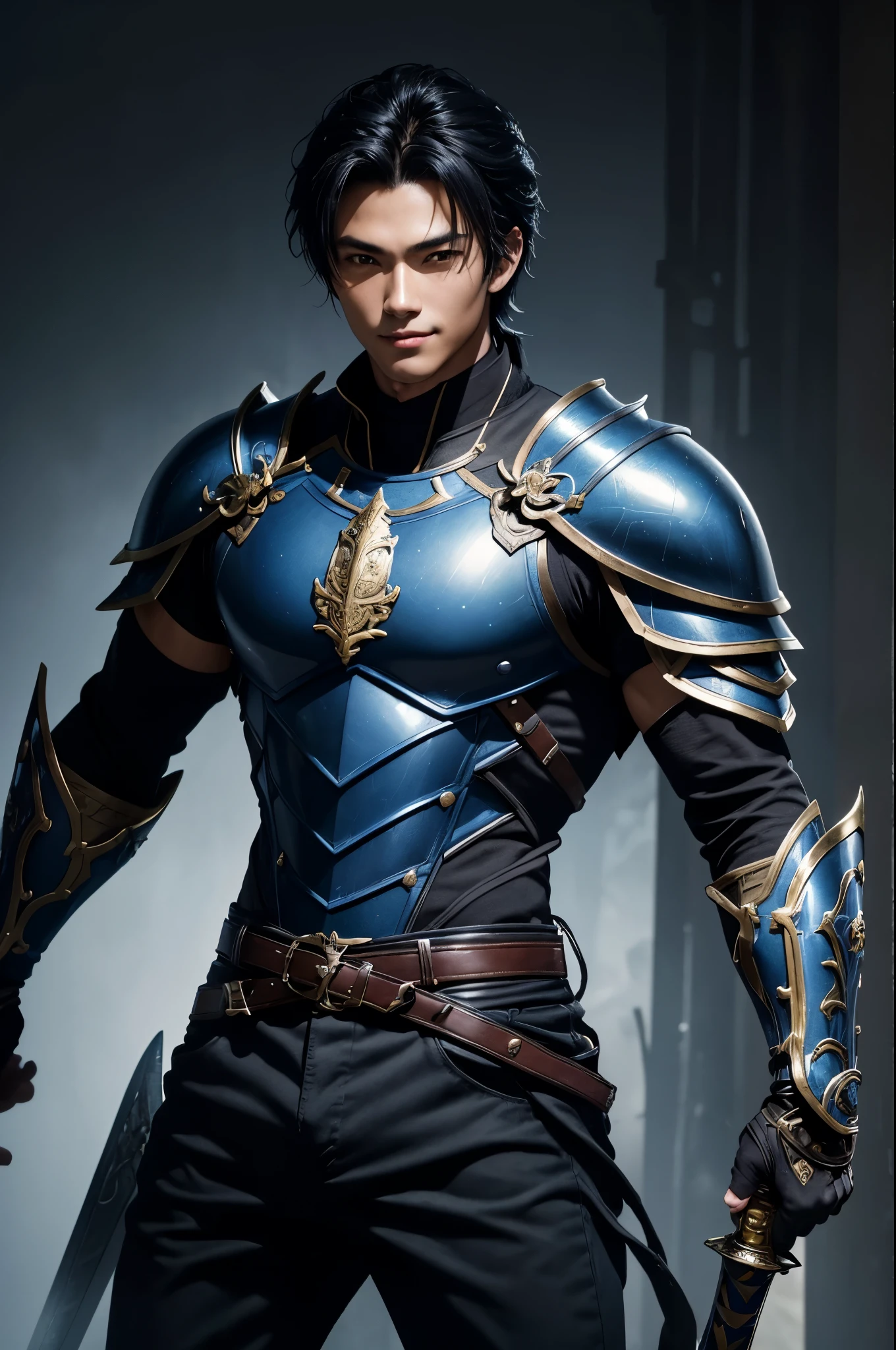8K,black wolf hair boy,Japanese super handsome(like the real thing),wild boy,black and blue armor(Precise workmanship of the hero's emblem),luxury black and blue pants,blue and black shoulder armor,blue and black waist armor,blue and black leg armor,muscular slender body,ultra high resolution,super realistic skin,Handsome boy,18 year old boy,Big eyes,A boy who looks good with a smile,Magical power overflowing from the body,Luxury belts(Delicate workmanship),tanned skin,shout,battle scene,action scene,action pose,roar,Holds the long and large holy sword Excalibur.,