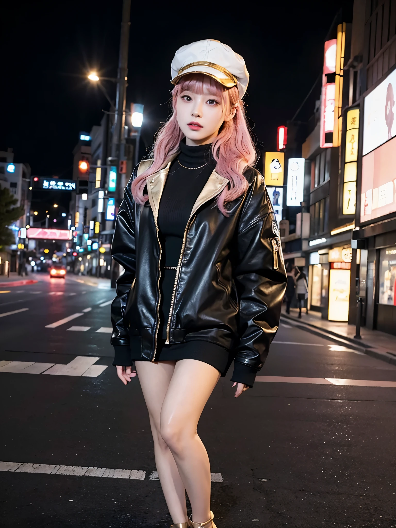 full body,// Bewitching eyes, well-balanced eyes, //street snap //wearing riders jacket and gold bodycon dress with cap //breast focus, ((facing viewer)), //at the street in tokyo, //japanese lady, pale skin, half updo,//droopy eyes,//pink hair, blunt bangs,//((standing)), high quality:1.3, Professional lighting:2.0 realistic:1.2, 4k resolution, detailed skin, masterpiece:1.1