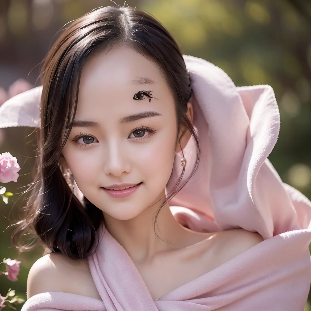 Beautiful portrait of a stunning goddess girl, Smile,Beautiful and delicate face, porcelain skin, full-body shot, center, super soft lighting, symmetry, complex, elegant, Very detailed, lifelike, art station, concept art, Smooth,A small coat with a short pink-purple shawl,It sets off her excellent figure even more,Pair it with a set of tender velvet knee-length skirts,A pair of black tall boots,The jet-black hair has natural undulating arcs hanging on the shoulders.。Clear and bright pupils,Crooked willow eyebrows,Long eyelashes fluttered slightly,Fair and flawless skin with a hint of reddish pink,Thin lips as delicate as rose petals。