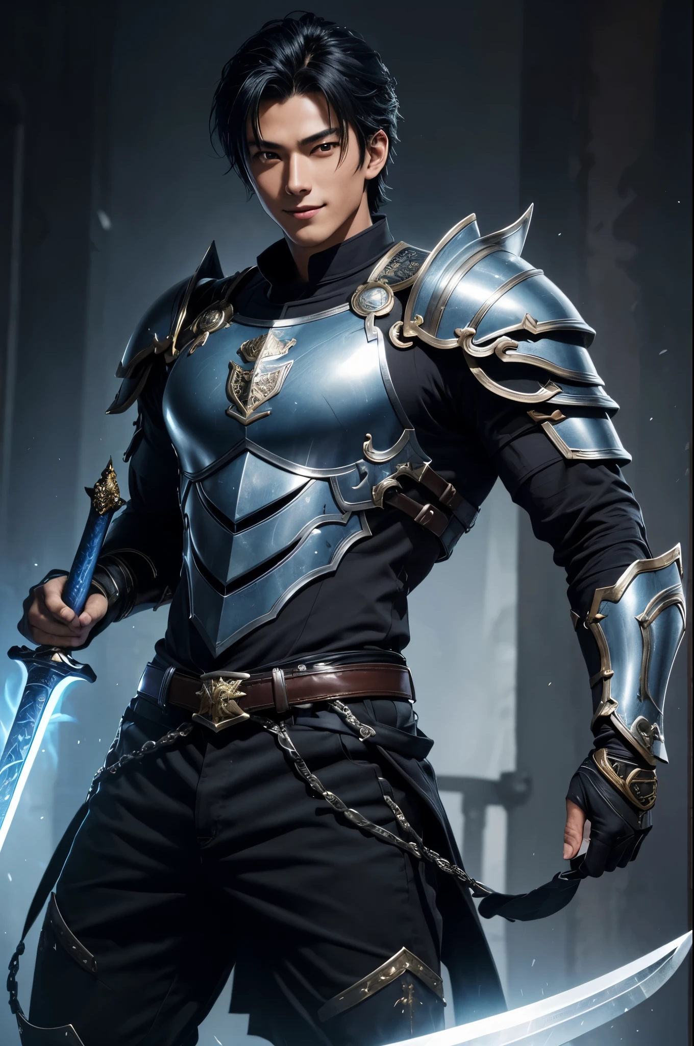 8K,black wolf hair boy,Japanese super handsome(like the real thing),wild boy,black and blue armor(Precise workmanship of the hero&#39;s emblem),luxury black and blue pants,blue and black shoulder armor,blue and black waist armor,blue and black leg armor,muscular slender body,ultra high resolution,super realistic skin,Handsome boy,18 year old boy,Big eyes,A boy who looks good with a smile,Magical power overflowing from the body,Luxury belts(Delicate workmanship),tanned skin,shout,battle scene,action scene,action pose,roar,Holds the long and large holy sword Excalibur.,