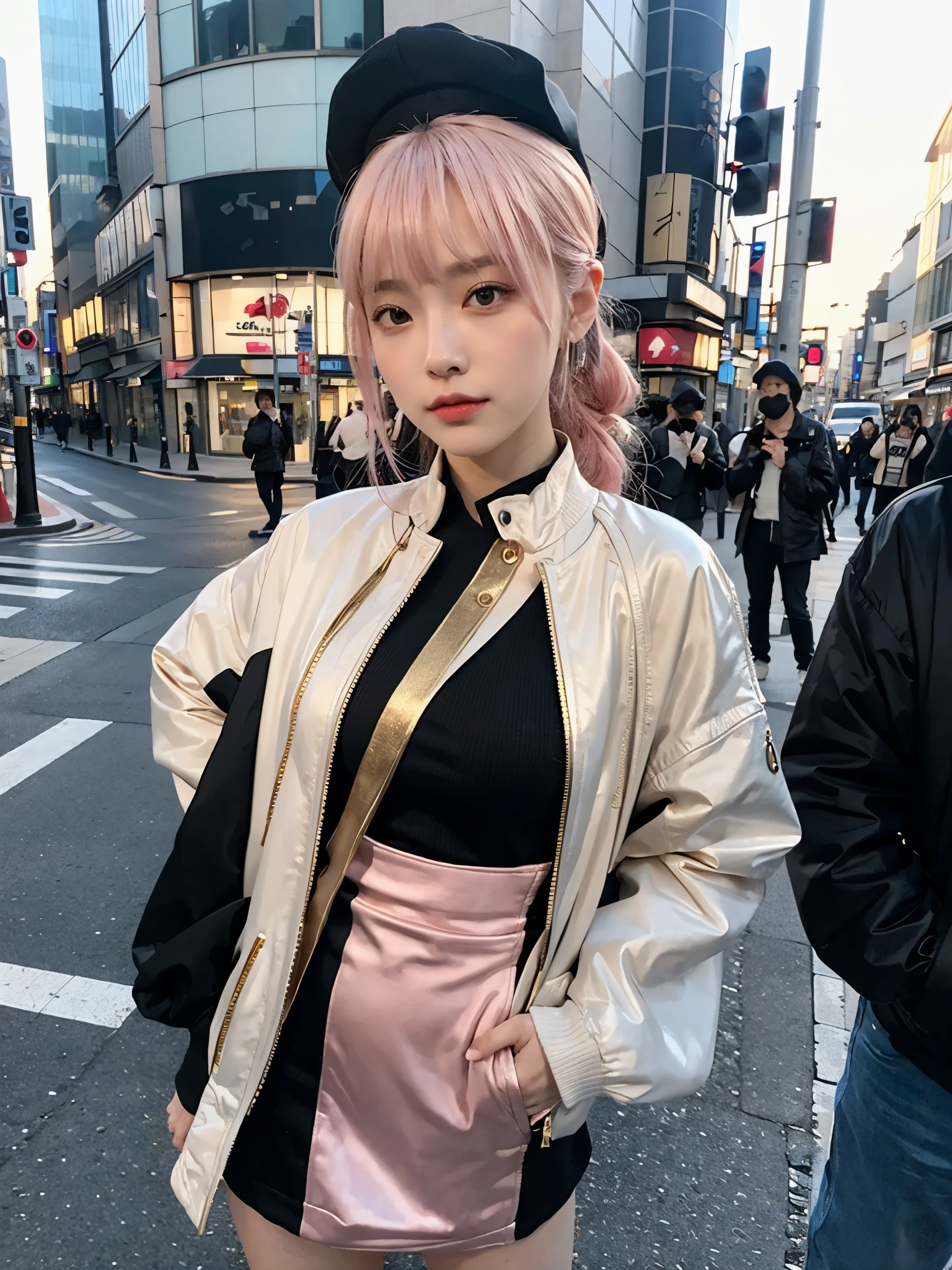 full body,// Bewitching eyes, well-balanced eyes, //street snap //wearing riders jacket and gold bodycon dress with cap //breast focus, ((facing viewer)), //at the street in tokyo, //japanese lady, pale skin, half updo,//droopy eyes,//pink hair, blunt bangs,//((standing)), high quality:1.3, Professional lighting:2.0 realistic:1.2, 4k resolution, detailed skin, masterpiece:1.1