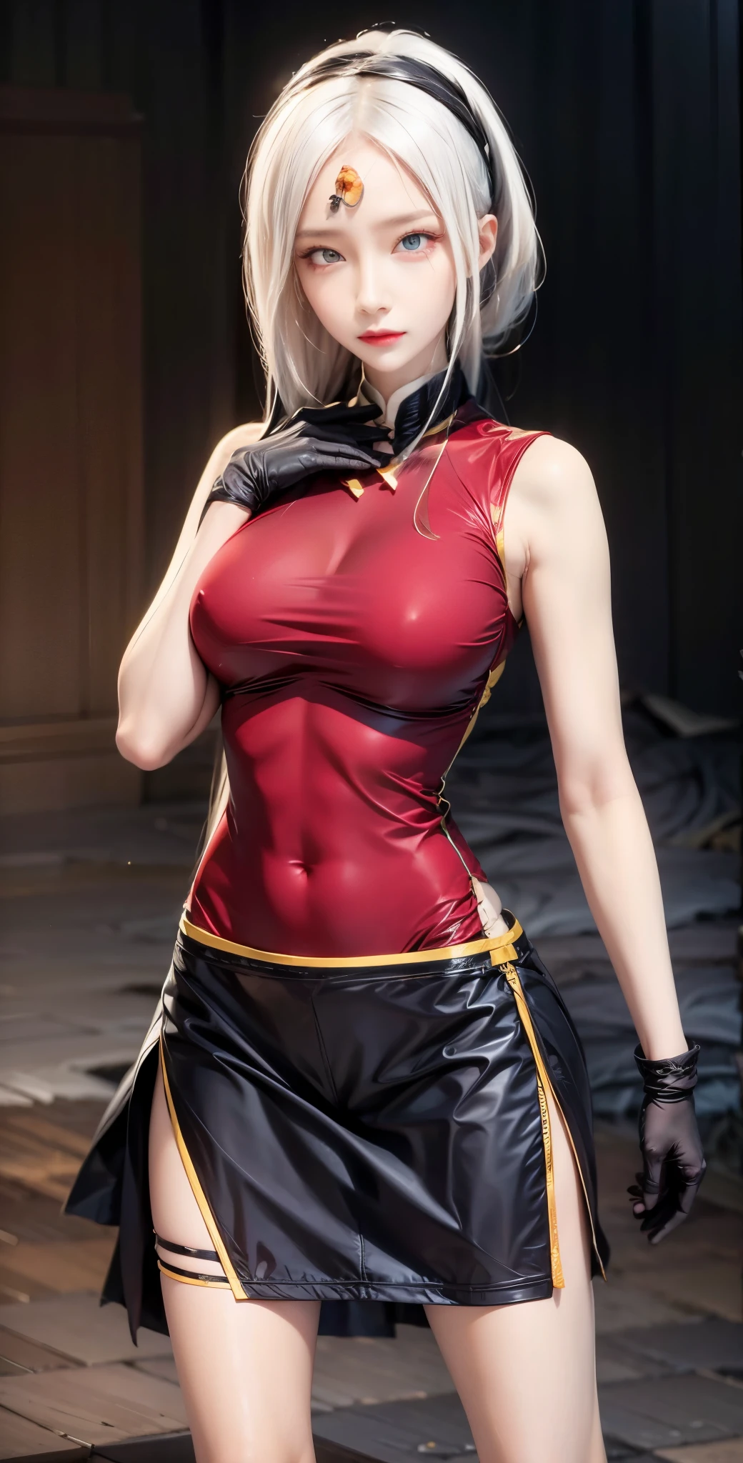 realistic, 1 women, best quality, 12k, HD, long hair, big round breasts, cleavage, ponytail, necklace, jewelry, shorts, short jacket, slim hips, hair tie, yellow eyes, black hair, super detailed, Eye details, hair details, person details, mouth details, face details, breast details, clothes details, hair details, pants details, hand details, whole body