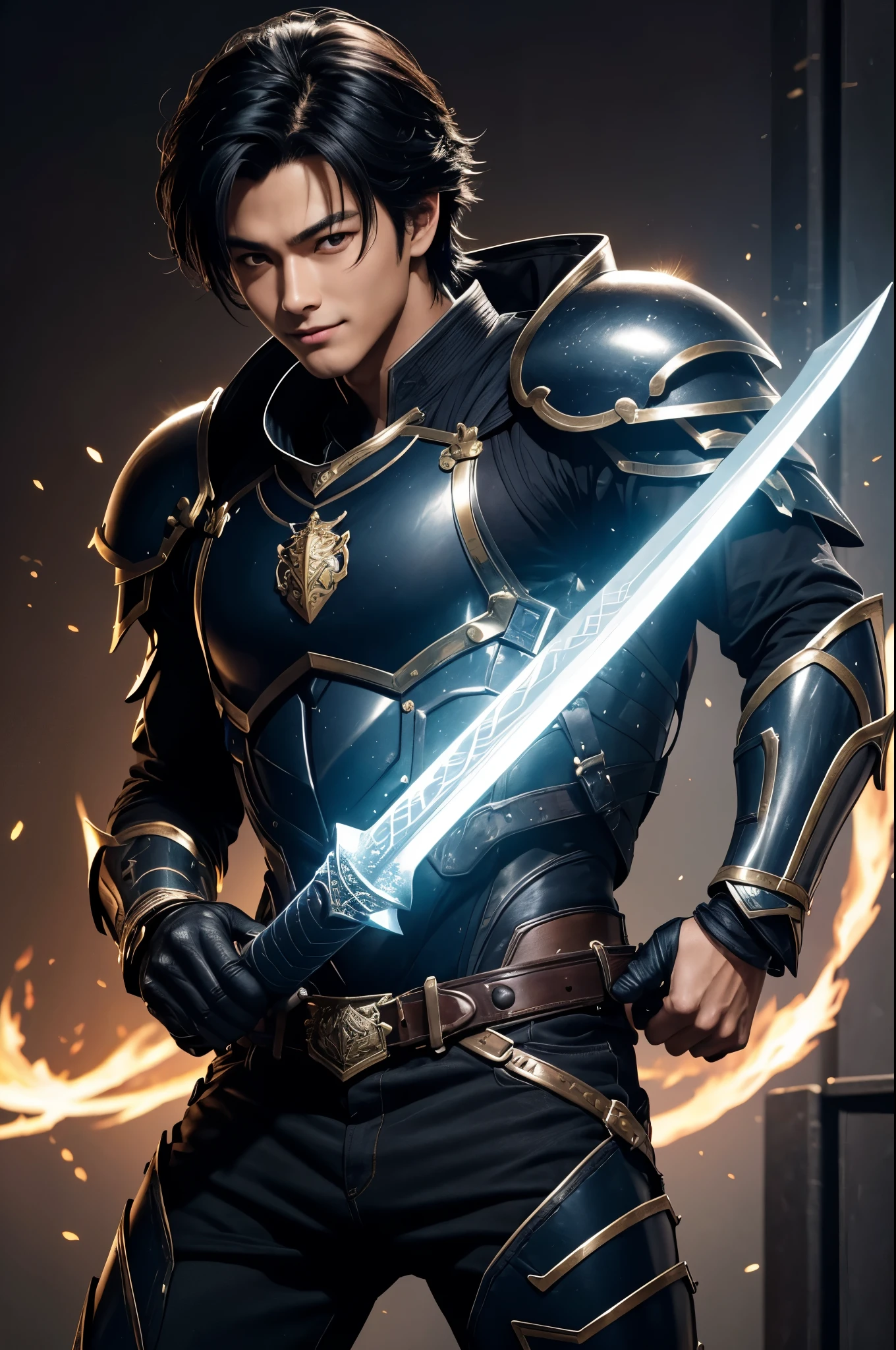 8K,black wolf hair boy,Japanese super handsome(like the real thing),wild boy,black and blue armor(Precise workmanship of the hero&#39;s emblem),luxury black and blue pants,blue and black shoulder armor,blue and black waist armor,blue and black leg armor,muscular slender body,ultra high resolution,super realistic skin,Handsome boy,18 year old boy,Big eyes,A boy who looks good with a smile,Magical power overflowing from the body,Luxury belts(Delicate workmanship),tanned skin,shout,battle scene,action scene,action pose,roar,Holds the long and large holy sword Excalibur.,The background is in front of the large castle gate.,
