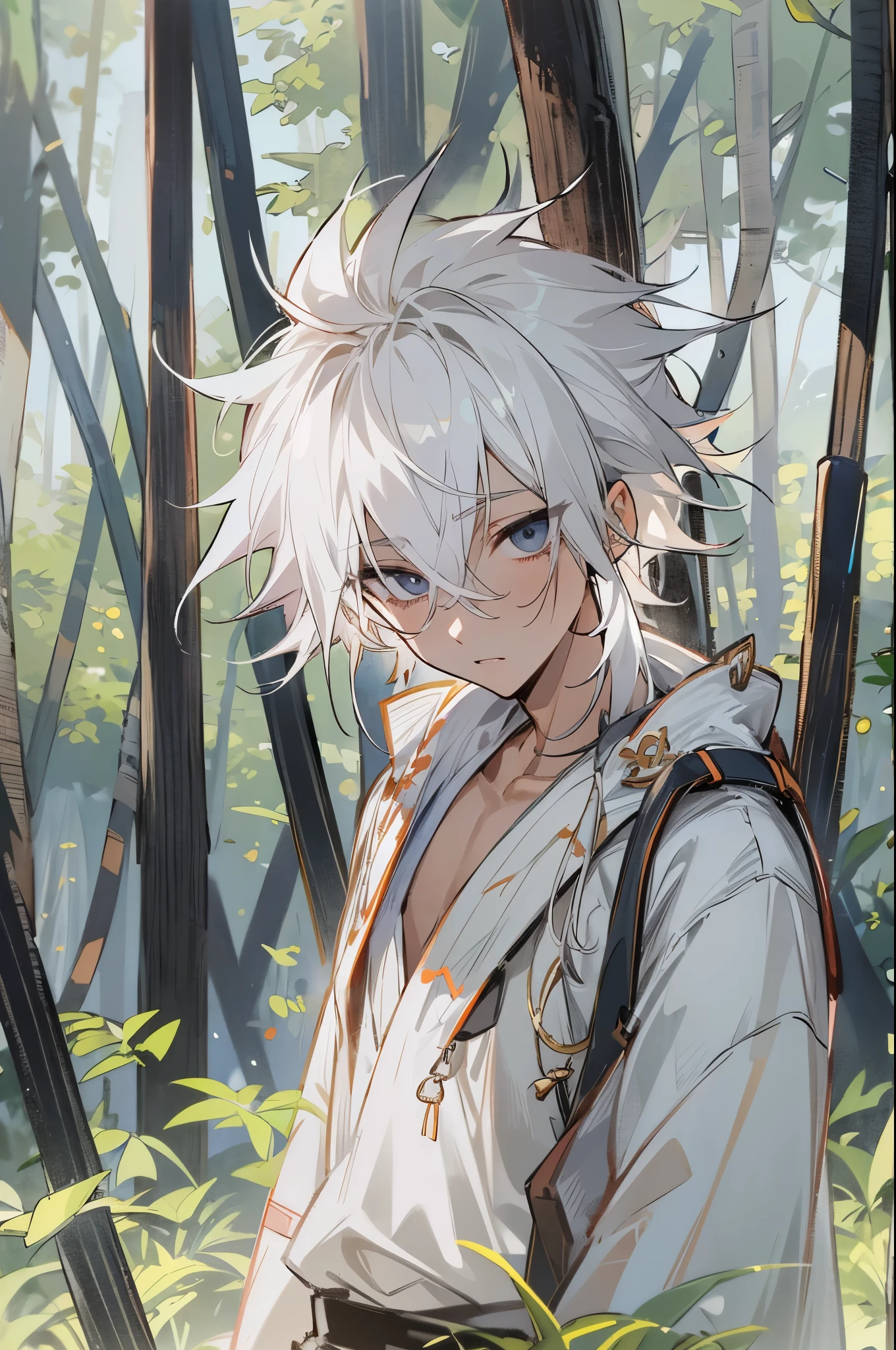 ??? male, white hair, messy spikey hair, white haori over shirt, forest background, black eyes