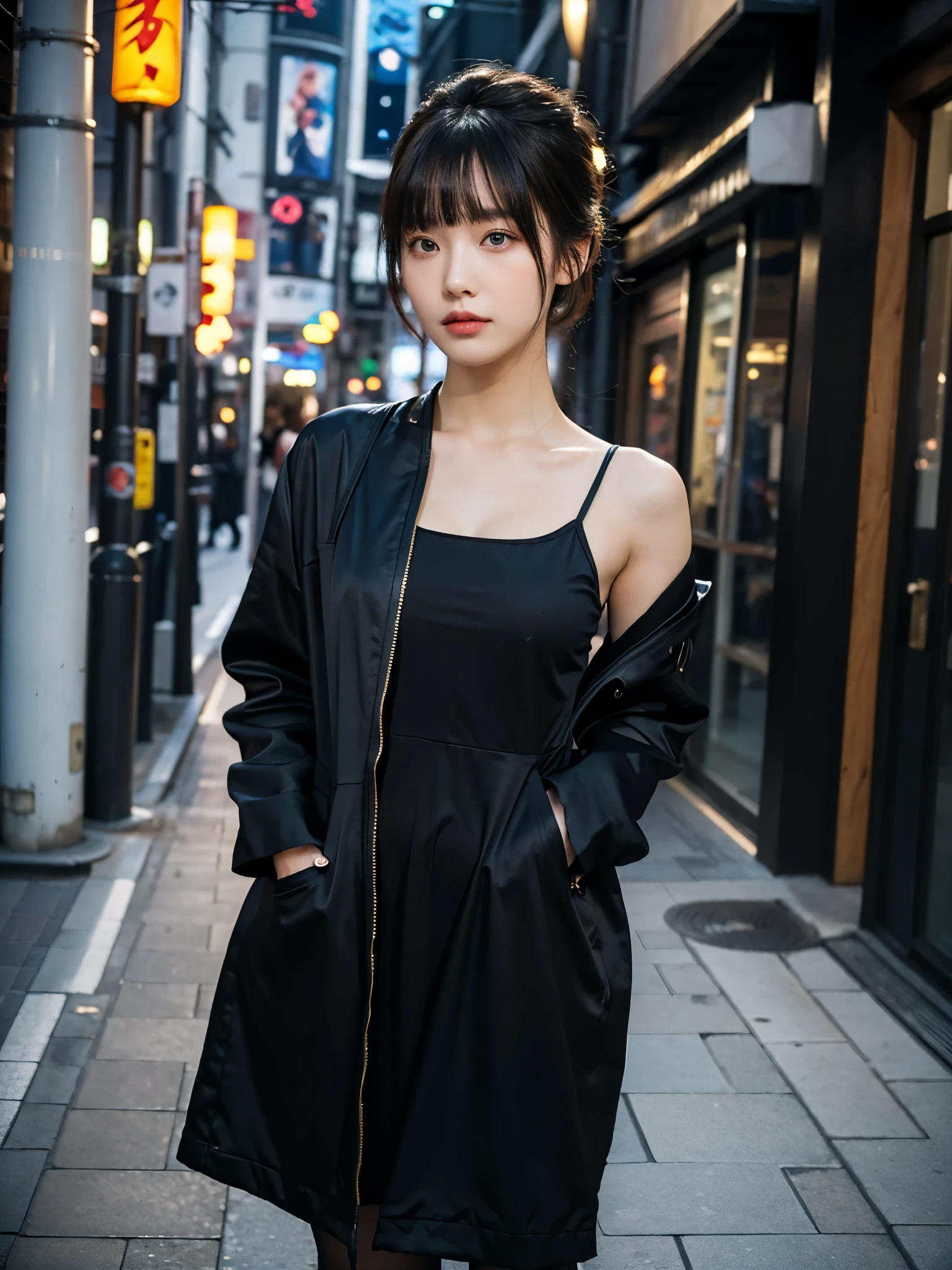 full body,// Bewitching eyes, well-balanced eyes, //street snap //wearing black long coat and long bodycon dress //breast focus, ((facing viewer)), //at the street in tokyo, //japanese lady, pale skin, half updo,//droopy eyes,//gold hair, blunt bangs,//((standing)), high quality:1.3, Professional lighting:2.0 realistic:1.2, 4k resolution, detailed skin, masterpiece:1.1