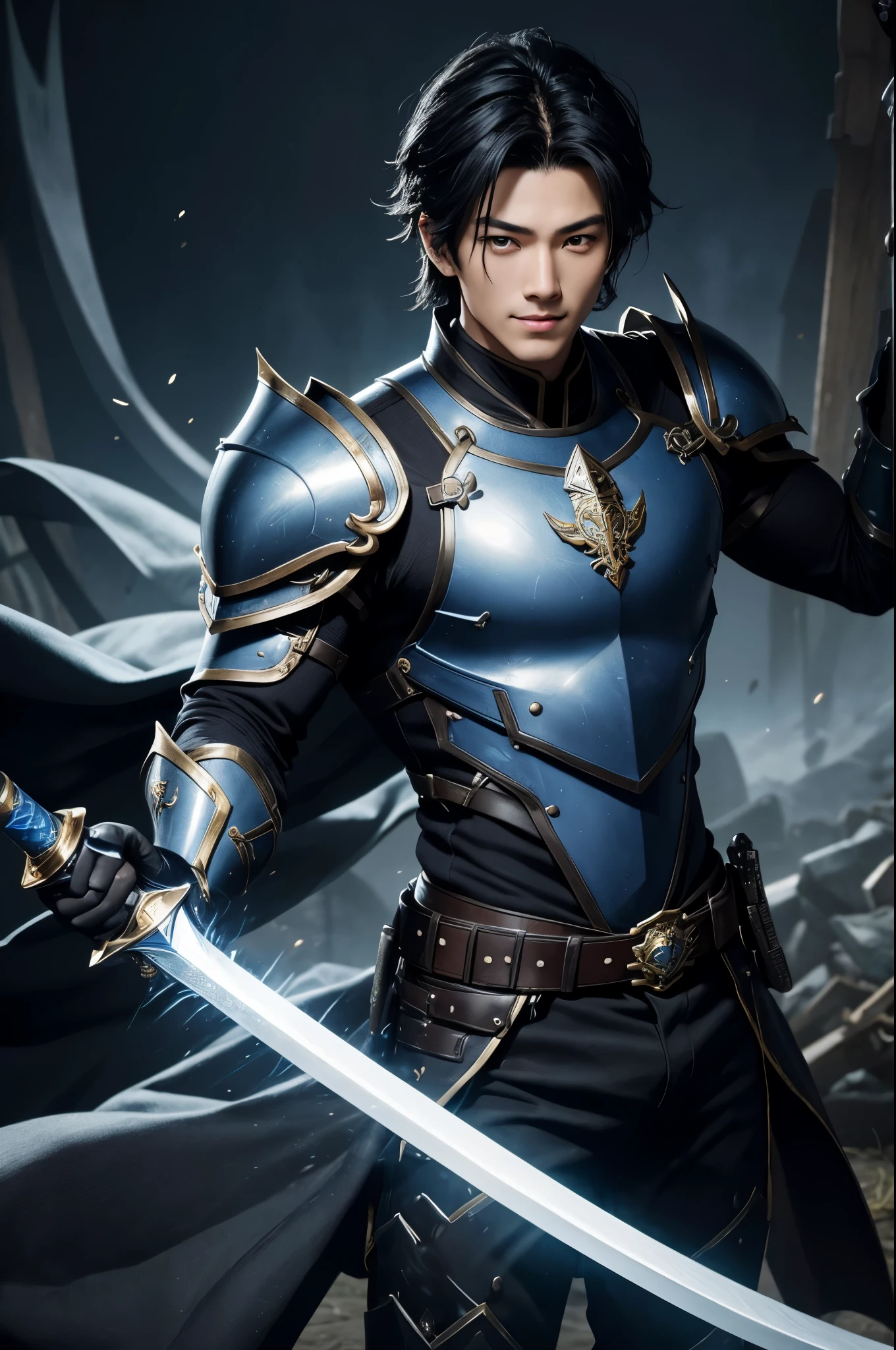 8K,black wolf hair boy,Japanese super handsome(like the real thing),wild boy,black and blue armor(Precise workmanship of the hero&#39;s emblem),luxury black and blue pants,blue and black shoulder armor,blue and black waist armor,blue and black leg armor,muscular slender body,ultra high resolution,super realistic skin,Handsome boy,18 year old boy,Big eyes,A boy who looks good with a smile,Magical power overflowing from the body,Luxury belts(Delicate workmanship),tanned skin,shout,battle scene,action scene,action pose,roar,Holds the long and large holy sword Excalibur.,The background is in front of the large castle gate.,