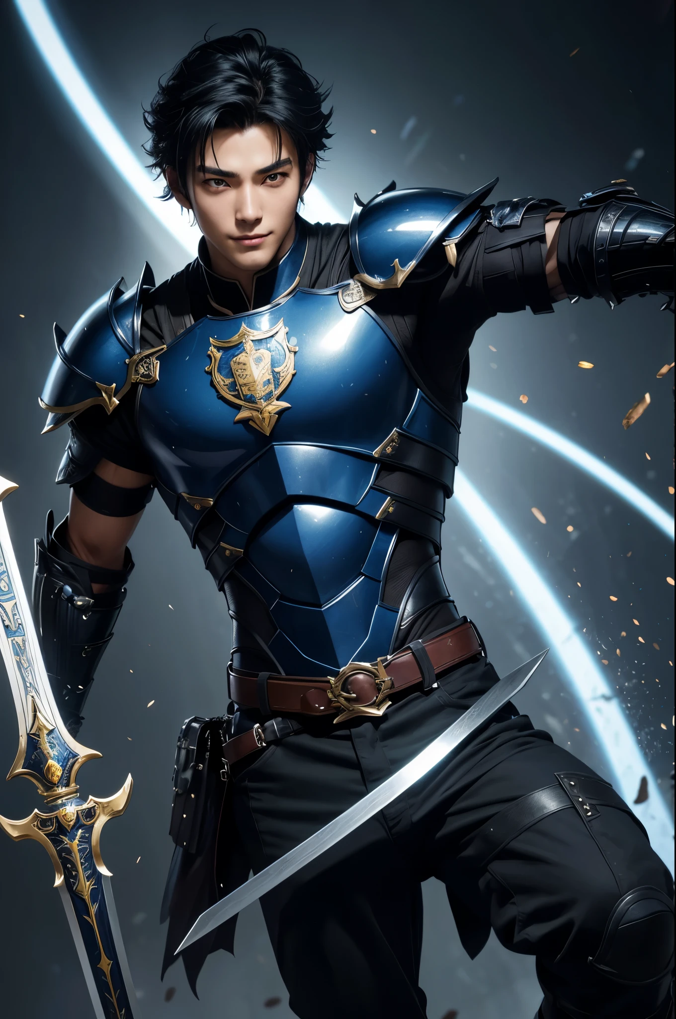 8K,black wolf hair boy,Japanese super handsome(like the real thing),wild boy,black and blue armor(Precise workmanship of the hero&#39;s emblem),luxury black and blue pants,blue and black shoulder armor,blue and black waist armor,blue and black leg armor,muscular slender body,ultra high resolution,super realistic skin,Handsome boy,18 year old boy,Big eyes,A boy who looks good with a smile,Magical power overflowing from the body,Luxury belts(Delicate workmanship),tanned skin,shout,battle scene,action scene,action pose,roar,Holds the long and large luxurious holy sword Excalibur.,sharp eyes,grim expression,口を大きく開けてshout,