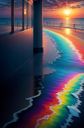 Psychedelic a.i. render of a drawing of the ocean in Galveston, Texas，the strip, seawall, ferry, The fish，variation，the sea，The sun and a rainbow, utmb hospital