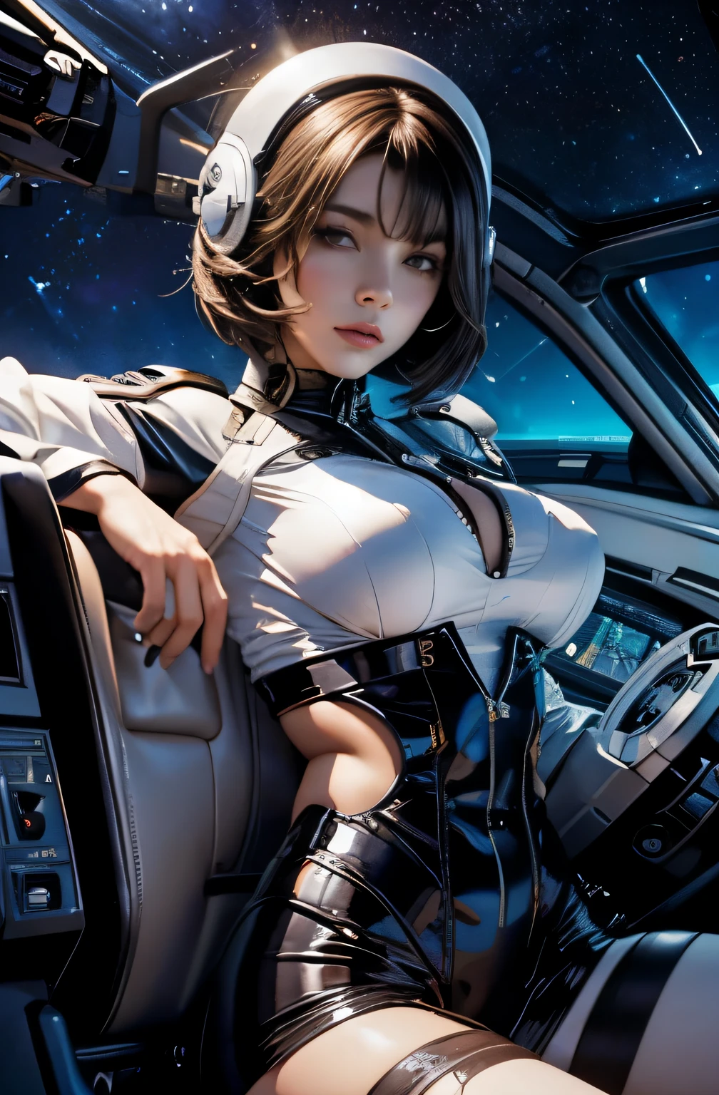 fille maigre cheveux noirs lisses, tenue spatiale en latex blanc collés au corps, très beau, très attractif, très fin, spatial du cockpit, gros seins, hublot espace, brun