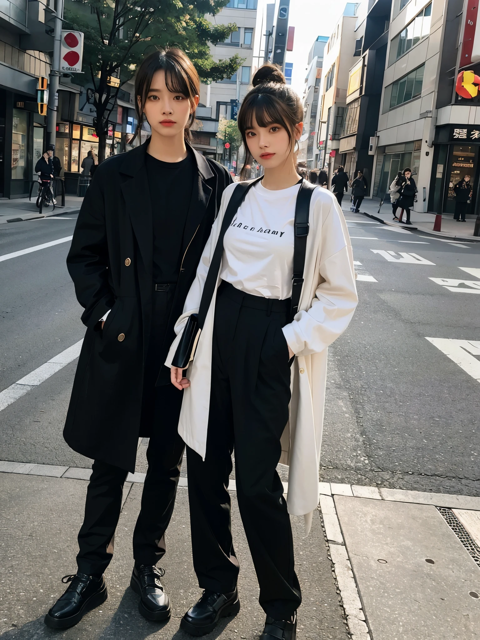 full body,// Bewitching eyes, well-balanced eyes, //street snap //wearing blackrench coat and T-shirt and wide cargo pants //breast focus, ((facing viewer)), //at the street in tokyo, //japanese lady, pale skin, half updo,//droopy eyes,//gold hair, blunt bangs,//((standing)), high quality:1.3, Professional lighting:2.0 realistic:1.2, 4k resolution, detailed skin, masterpiece:1.1