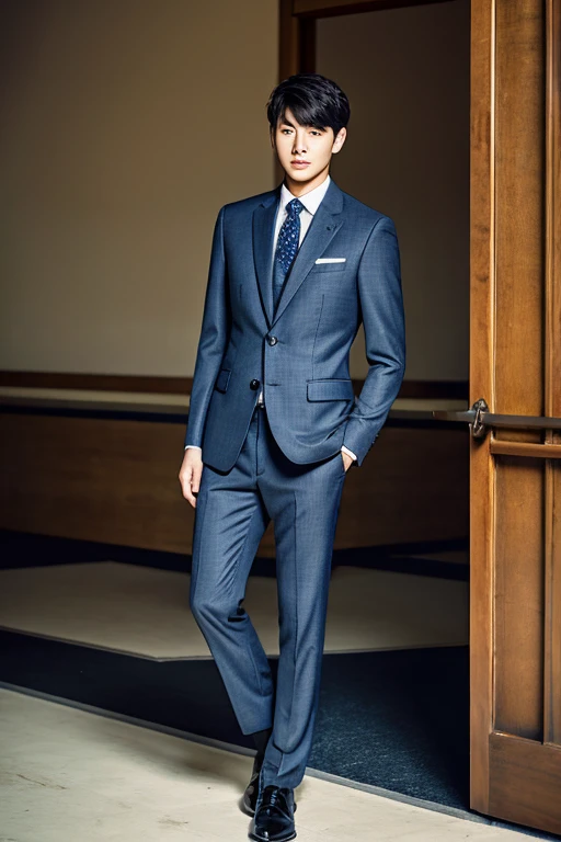 wearing a suit、Handsome Korean Men、facing forward、full body portrait