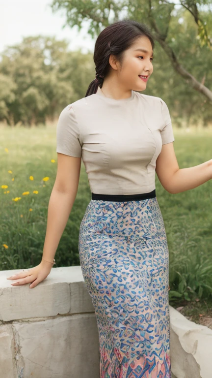 acmm ss outfit, wearing acmm top, light pink acmm top, short sleeves, buttons, wearing acmm long skirt, blue and black with printed acmm long skirt