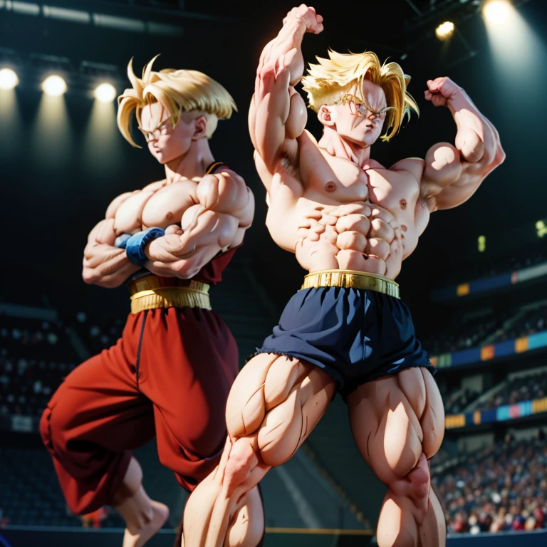 Anime, High quality full body image of Gohan and Trunks as a bodybuilder in a tight thong, ohne Schuhe, Feet, bare Feet, massive muscular body, huge muscular shoulders, Massive big biceps, Venen im Bizeps, Muskelbeine, massive muscular abs,Bizeps flex. posierend, er schwitzt, very muscular, The toned body shines in the spotlight,stands on a stage and presents his body, a lot of muscular