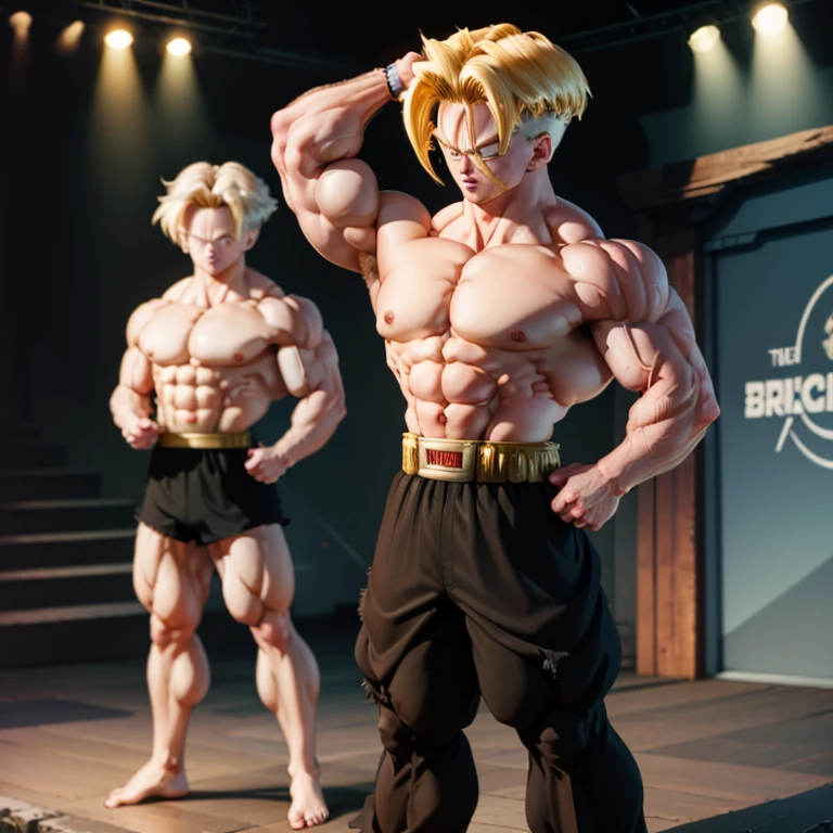 Anime, High quality full body image of Gohan and Trunks as a bodybuilder in a tight thong, ohne Schuhe, Feet, bare Feet, massive muscular body, huge muscular shoulders, Massive big biceps, Venen im Bizeps, Muskelbeine, massive muscular abs,Bizeps flex. posierend, er schwitzt, very muscular, The toned body shines in the spotlight,stands on a stage and presents his body, a lot of muscular
