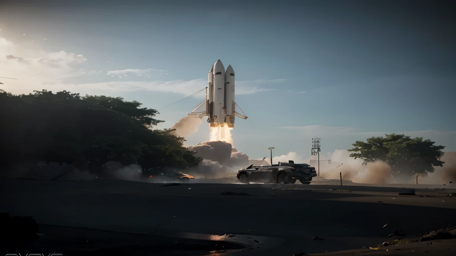 Photo of a ultra realistic NASA massive rocket ship during its launch from the ground, ground level full of fire and smoke, low angle shot, vibrant, massive scale, dynamic lighting, in mdjrny-v4 style, bright light, cinematic lighting, battered, low angle, trending on artstation, 8k ultra HD, hyper realistic, focused, extreme details, unreal engine 5, cinematic, masterpiece