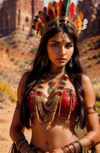 beautiful gorgeous glorious bollywood actress, desert background, in attractive tribal queen outfit, pretty face, beautiful glorious face, very fine face details, necklace, tribal queen crown, bright eyes, brown lipstick, thin nose, burgundy long wel arranged hair, nice legs, thick thigh, hourglass figure, perfect body, 4K details, ultra high resolution, skin fine details,