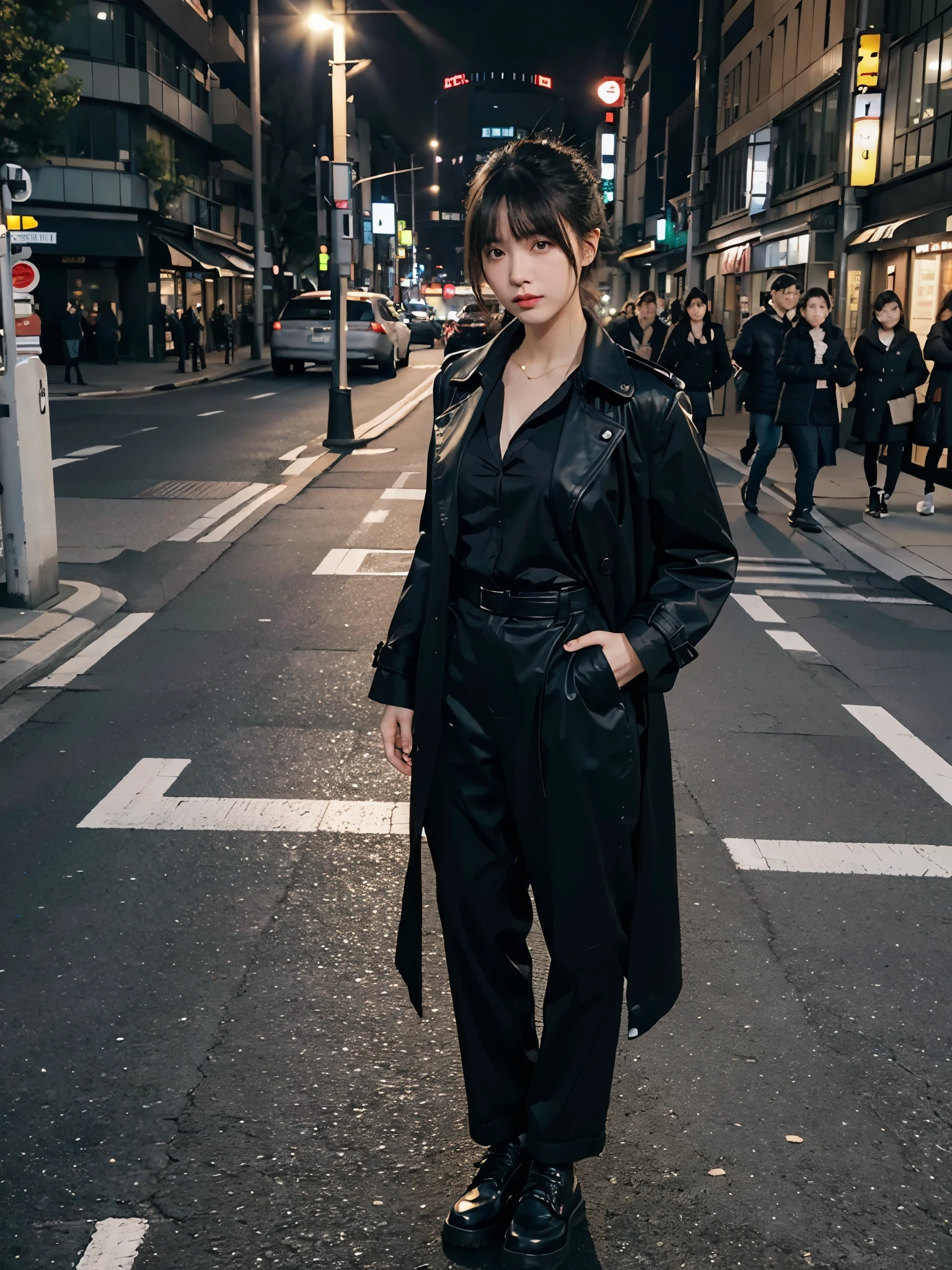 full body,// Bewitching eyes, well-balanced eyes, //street snap //wearing black trench coat and black shirt and wide cargo pants //breast focus, ((facing viewer)), //at the street in tokyo, //japanese lady, pale skin, half updo,//droopy eyes,//gold hair, blunt bangs,//((standing)), high quality:1.3, Professional lighting:2.0 realistic:1.2, 4k resolution, detailed skin, masterpiece:1.1