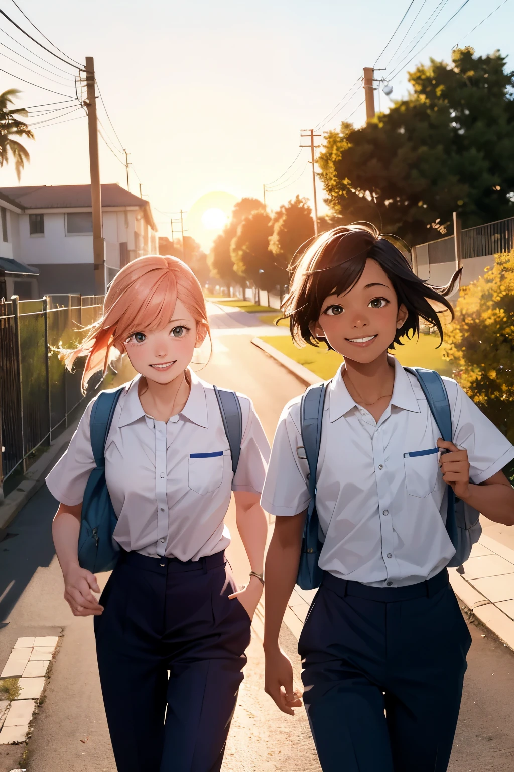 Ultra-realistic image in 8K resolution, presenting two enthusiastic young individuals, with warm, smiling faces, on their way to the first day of school. Dressed in school uniform consisting of navy blue trousers and crisp white blouses, the students carry backpacks and school supplies, emphasizing the anticipation of the new academic year. The setting sun paints the sky in soft, light orange and pink hues, suggesting a beautiful and promising day ahead. With anxious smiles, the youngsters engage in friendly banter as they make their way towards the school entrance. The vibrant colors of their uniforms contrast vividly against the lush, well-groomed green grass. The scene exudes a