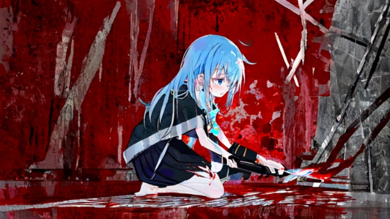 fair skin，a girl，Kneeling on the ground，on one’s last legs，Pupil dilation，Glazed eyes，yandere，The clothes were stained red with blood，Passed through the body with a knife，Blood flowed all over the place，Barefoot