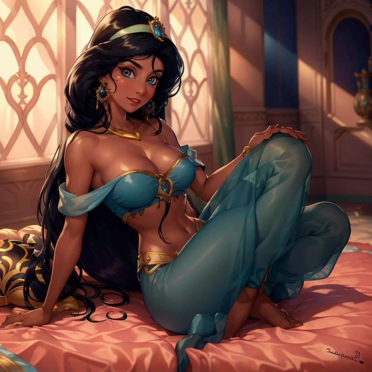 NSFW. Nude. (((1girl))), (((23years))), ((full body shot)), Jasmine lying on a silk bed, Arabian, ((legs spread)), natural breasts, ((pubic hair)), diadem with blue gem, jewelry, bracelets on arms, anklets on legs, colorful silks, Arabian setting, flowers, ((highly detailed)), (((masterpiece))) Hyacinth