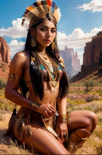 beautiful gorgeous glorious bollywood actress, desert background, in attractive tribal queen outfit, pretty face, beautiful glorious face, very fine face details, necklace, tribal queen crown, bright eyes, brown lipstick, thin nose, burgundy long wel arranged hair, nice legs, thick thigh, hourglass figure, perfect body, 4K details, ultra high resolution, skin fine details,