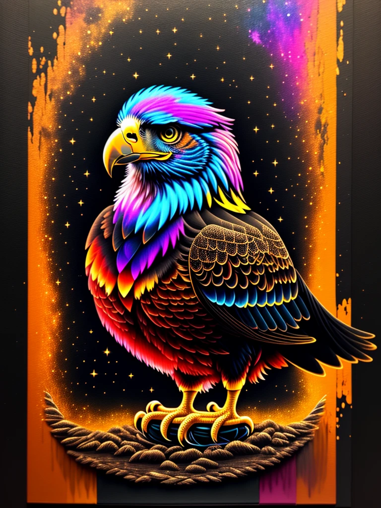 a painting of a colored eagle on a black background,, breathtaking rendering, within a radiant connection, inspired by Kinuko Y. Craft,, magical elements, kitten icon, wow, is beautiful, casting a multi colorful spell, bright flash, flash