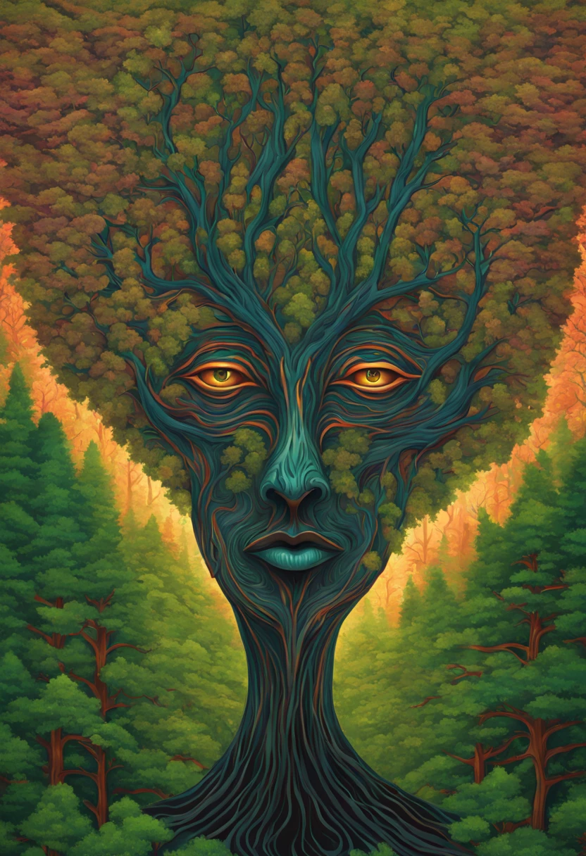 Generate a psychedelic image containing a dark forest landscape in the background, with Eucalyptus deglupta tree, highlighting the colors that are present in the bark of the tree, which are: rosa, verde, alaranjado e marron. Furthermore,on the front there will be a face with an open mouth forming a psychedelic spiral, as if it were swallowing the components of the forest behind. The appearance of the face is that of a woman who looks like an elf sorceress.