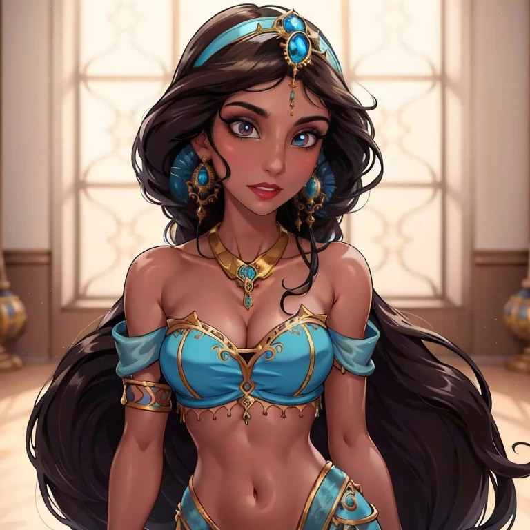 (Masterpiece, Best Quality, Highres:1.2), Detailed, Intricate Details, 4K, 
1Girl, (Solo:1.2), jasmine,  long hair, breasts, black hair, navel, cleavage, bare shoulders, brown eyes, jewelry, earrings, midriff, dark skin, necklace, off shoulder, blurry, dark-skinned female, crop top, blue shirt, clenched hands, circlet, off-shoulder shirt, arabian clothes
indoors, arabian palace, queens roon, ((omar dogan style))  