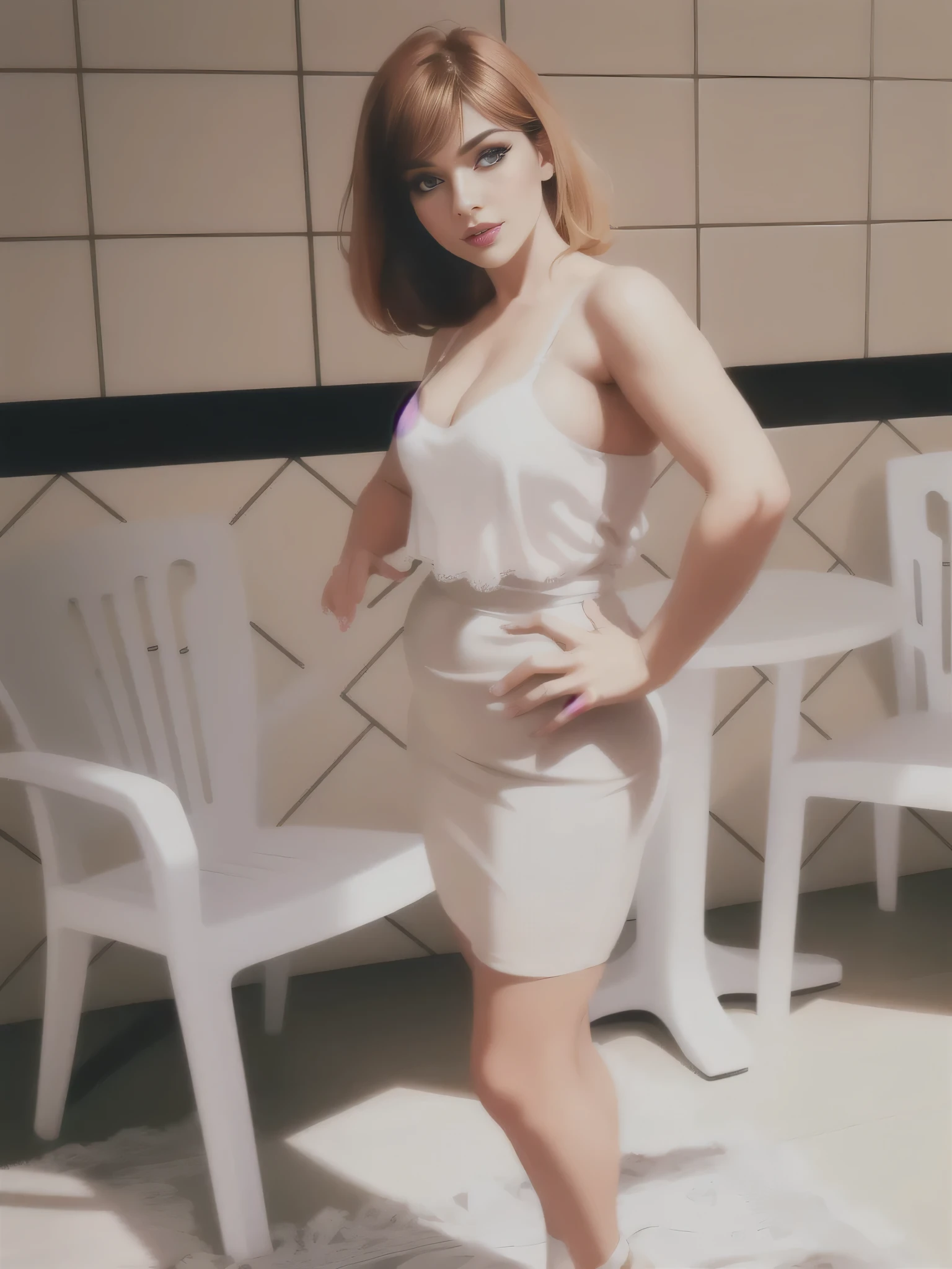 There is a beautiful Brazilian woman standing, em uma sala com cadeiras brancas, ela tem cerca de 30 anos, in a bra, um mini-corselet de renda branca, uma saia branca justa, tirada em uma boate. Uma mulher com pele branca e cabelos escuros. Ela tem trinta anos. Seu vermelho, slightly plump lips are like a delicate flower, e ela grande, olhos encantadores parecem conter um mundo de maravilhas. Ela tem 30 anos. Ela tem 162 cm de altura e seu corpo pesa 56 kg. Your body exudes glamor and your face is the definition of beauty. pernas bem torneadas. Altamente realista, pele avermelhada, beautiful lips, sorriso, feeling of lightness and joy, hiperrealismo, pele muito elaborada, olhar direto, trabalho de arte, Foto de alta qualidade, high resolution, 8k.