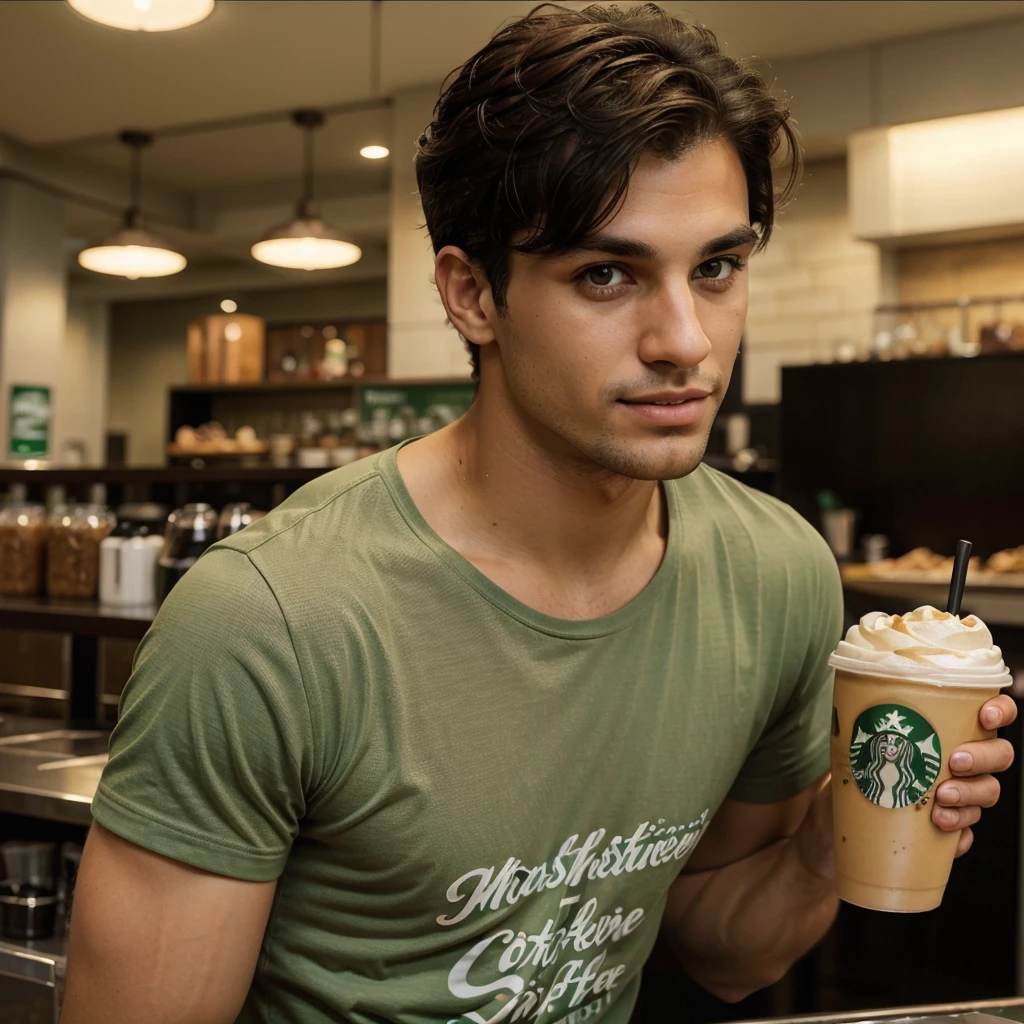 ((best quality)), ((masterpiece)), (detailed),24 year old man ,Arabian ,light green eye color ,long eyelashes ,sharp jawline ,nice nose,no beard ,dimples ,cat naughty eyes ,short curly hair ,light brown skin,perfect teeth, super sexy ,drinking starbucks americano coffee,black t -shirt ,cafeteria background,masculine,extra detailed ,bulk,mascular,leon twomey lookalike