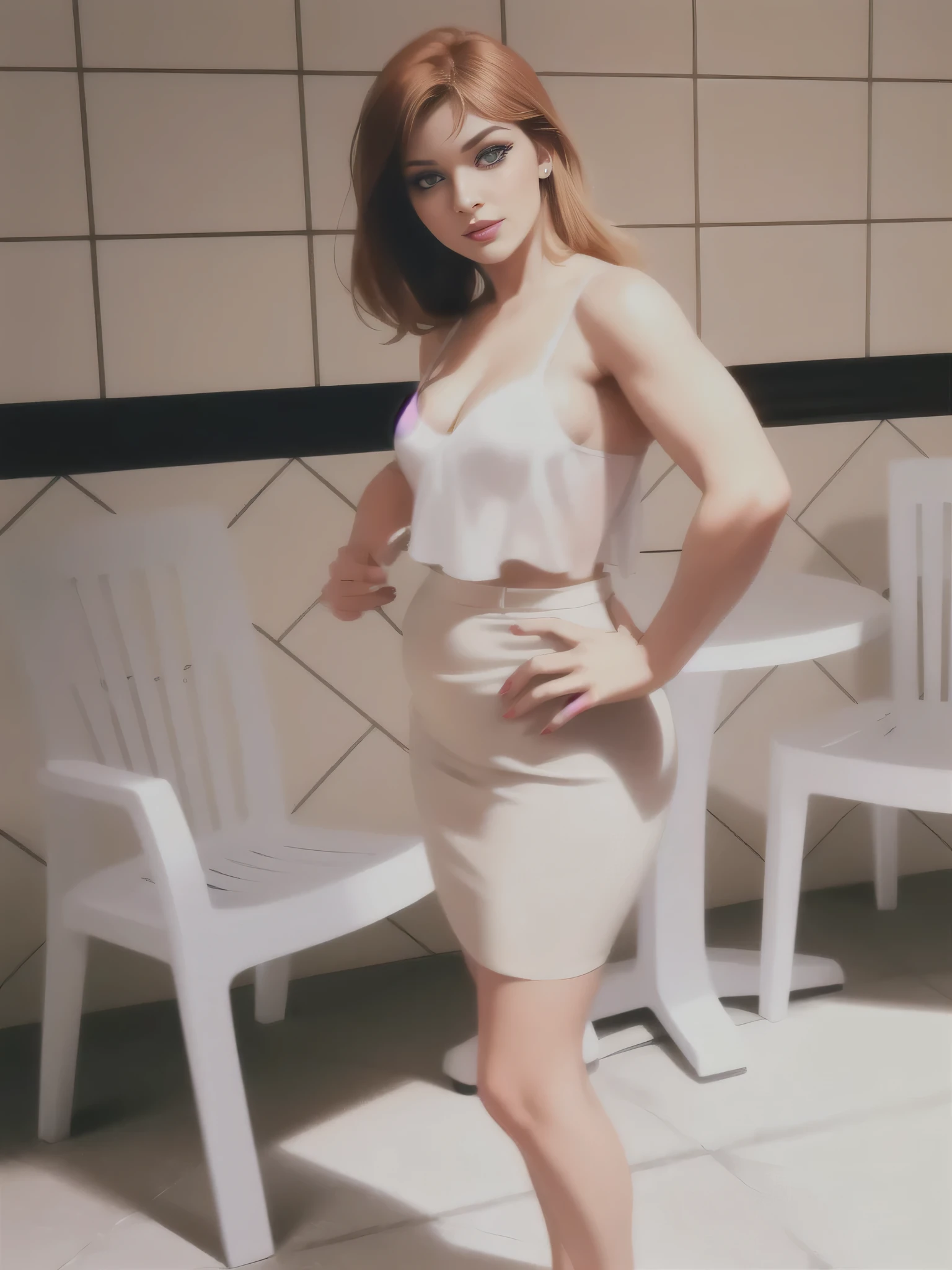 There is a beautiful Brazilian woman standing, em uma sala com cadeiras brancas, ela tem cerca de 30 anos, in a bra, um mini-corselet de renda branca, uma saia branca justa, tirada em uma boate. Uma mulher com pele branca e cabelos escuros. Ela tem trinta anos. Seu vermelho, slightly plump lips are like a delicate flower, e ela grande, olhos encantadores parecem conter um mundo de maravilhas. Ela tem 30 anos. Ela tem 162 cm de altura e seu corpo pesa 56 kg. Your body exudes glamor and your face is the definition of beauty. pernas bem torneadas. Altamente realista, pele avermelhada, beautiful lips, sorriso, feeling of lightness and joy, hiperrealismo, pele muito elaborada, olhar direto, trabalho de arte, Foto de alta qualidade, high resolution, 8k.