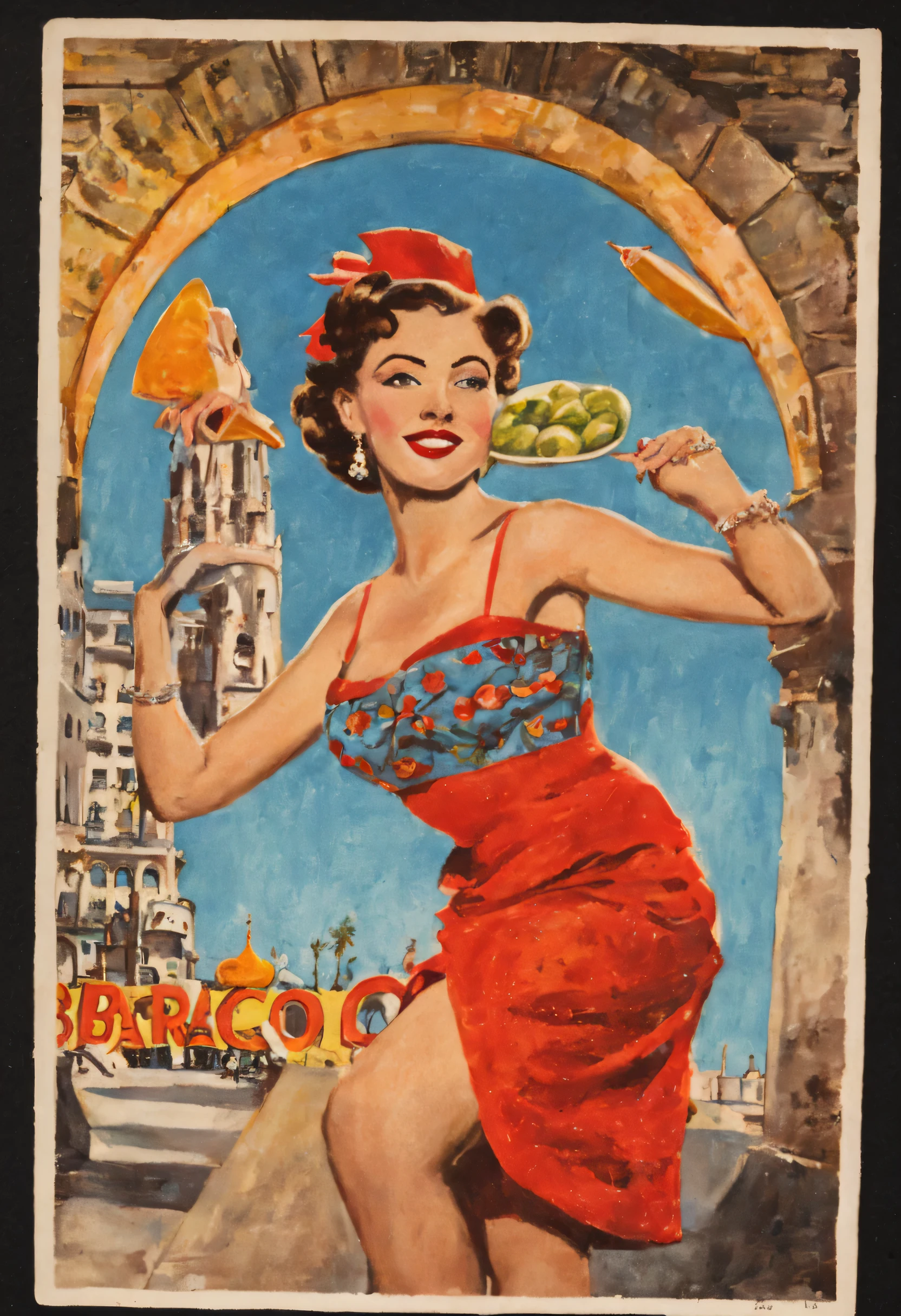 vintage 50's postcard saying "greetings from Barcelona" highlighing tapas and flamenco, size 4"x6"