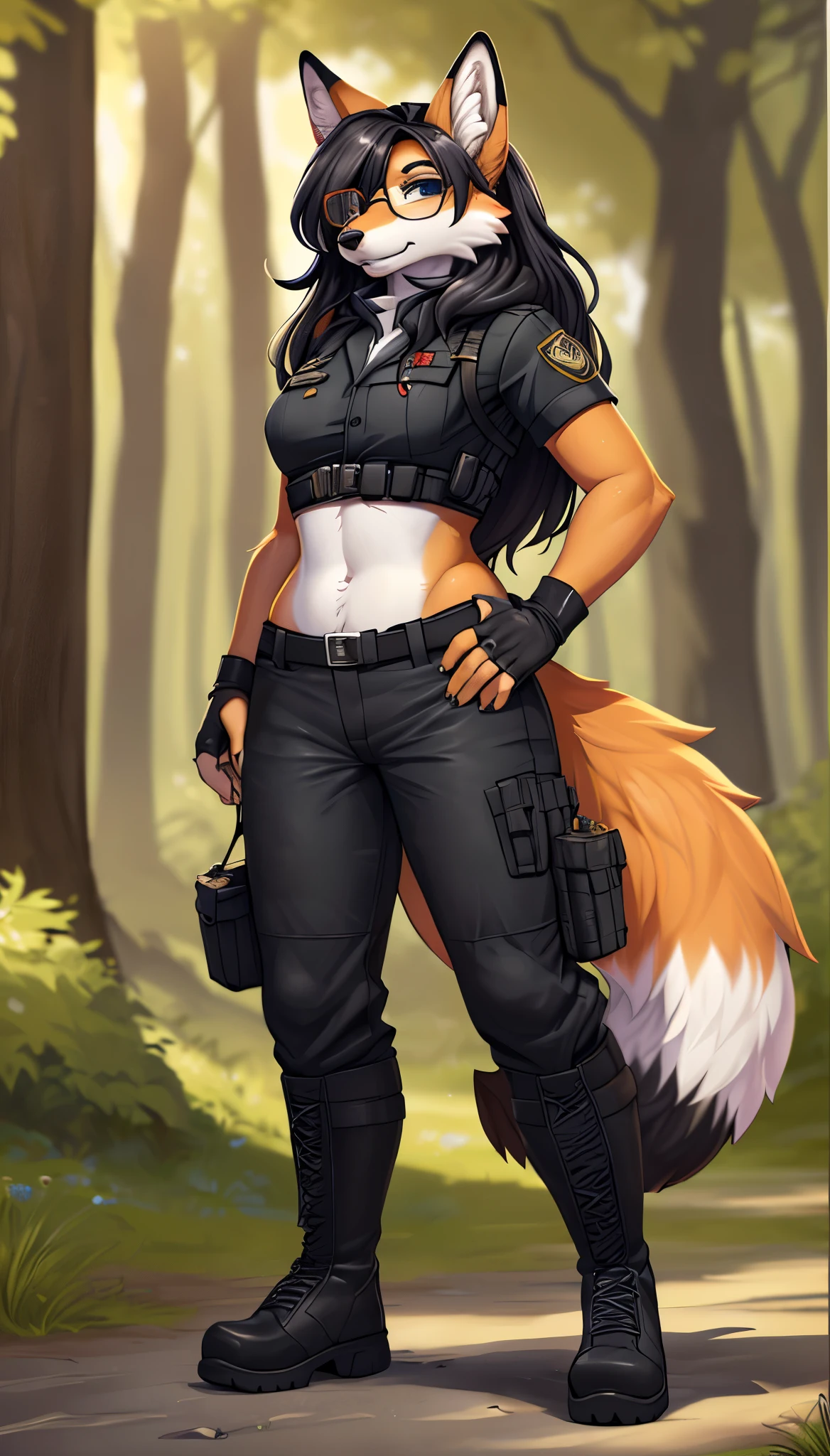 masterpiece, Best quality, Fox, long hair, in a tight black military uniform, in tight black pants and boots, wearing fingerless gloves, wearing tactical glasses, standing in the woods