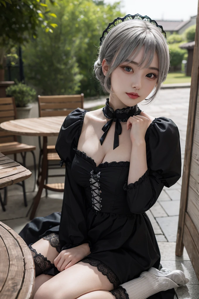 one woman,Black and silver Gothic Lolita,wariza,Petanko sitting,cute face,Big eyes,cool face,Purple Shorthair,looking at the viewer,outdoor,table top, very detailed and beautiful,realistic,Japanese
