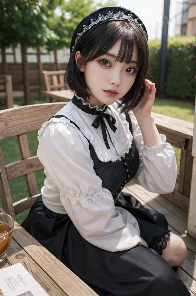 one woman,Black and silver Gothic Lolita,wariza,Petanko sitting,cute face,Big eyes,cool face,Purple Shorthair,looking at the viewer,outdoor,table top, very detailed and beautiful,realistic,Japanese