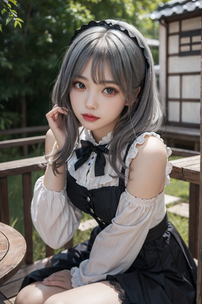 one woman,Black and silver Gothic ta,wariza,Petanko sitting,cute face,Big eyes,cool face,Purple Shorthair,looking at the viewer,outdoor,table top, very detailed and beautiful,realistic,Japanese
