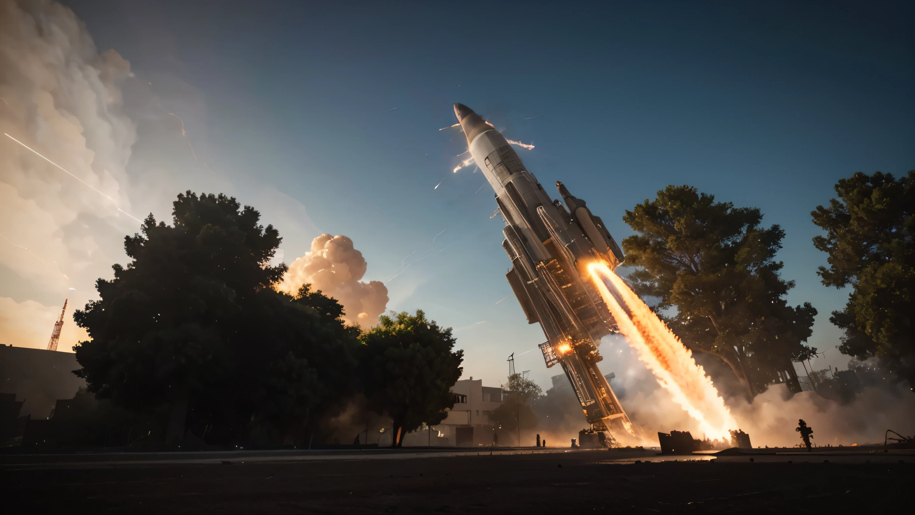 massive rocket ship during its launch from the ground| ground level full of fire and smoke| extreme long shot| centered| vibrant| massive scale| dynamic lighting| in mdjrny-v4 style