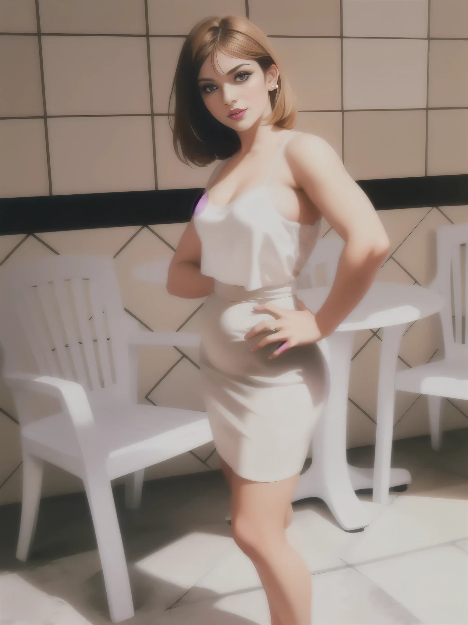 There is a beautiful Brazilian woman standing, em uma sala com cadeiras brancas, ela tem cerca de 30 anos, in a bra, um mini-corselet de renda branca, uma saia branca justa, tirada em uma boate. Uma mulher com pele branca e cabelos escuros. Ela tem trinta anos. Seu vermelho, slightly plump lips are like a delicate flower, e ela grande, olhos encantadores parecem conter um mundo de maravilhas. Ela tem 30 anos. Ela tem 162 cm de altura e seu corpo pesa 56 kg. Your body exudes glamor and your face is the definition of beauty. pernas bem torneadas. Altamente realista, pele avermelhada, beautiful lips, sorriso, feeling of lightness and joy, hiperrealismo, pele muito elaborada, olhar direto, trabalho de arte, Foto de alta qualidade, high resolution, 8k.