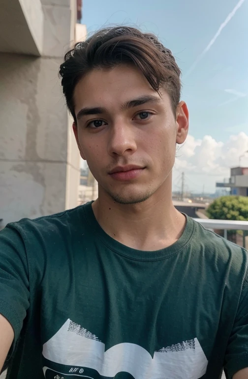 24-year-old man, piel blanca morena, cabello corto, cabello negro rojizo, cabello ondulado, ojos azules, cuerpo delgado, hombros anchos, camisa color verde, acostado, selfie, foto de perfil, playera verde, mirando el cielo.