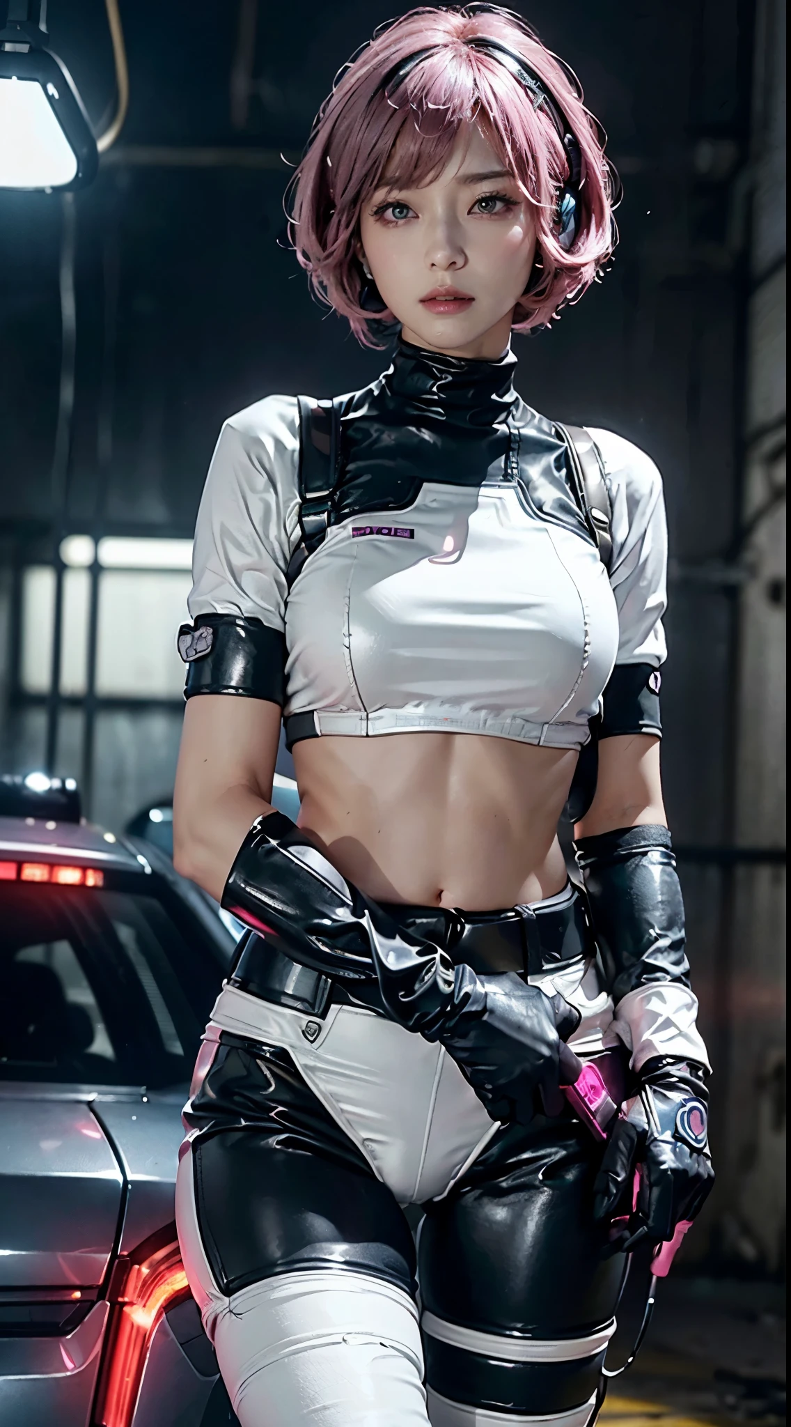 Top Quality, Ultra High Definition, (backlight), (Photorealistic: 1.4), (cowboy shot:1), 1 Beautiful Girl, (Kpop Idol), Detailed Face, (Hair Style: Pink:1, fullbang, shortbob-style:1), Contrapposto, Perfect Anatomy, , Professional Lighting, ((wearing Futuristic Police Racing Suits, police wappen, High-tech Headset, military harness, racing gloves, handgun)), outside honey bob hairstyle, ("POLICE", Cloths colors based on silver pink black white), (background, crashed cars, fire, (Explosion)),