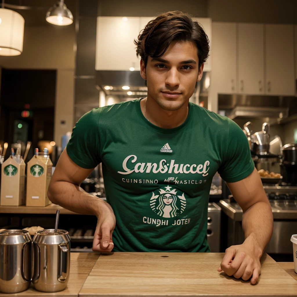 ((best quality)), ((masterpiece)), (detailed),24 year old man ,Arabian ,light green eye color ,long eyelashes ,sharp jawline ,nice nose,no beard ,dimples ,cat naughty eyes ,short curly hair ,light brown skin,perfect teeth, super sexy ,drinking starbucks americano coffee,black t -shirt ,cafeteria background,masculine,extra detailed ,bulk,mascular,leon twomey lookalike