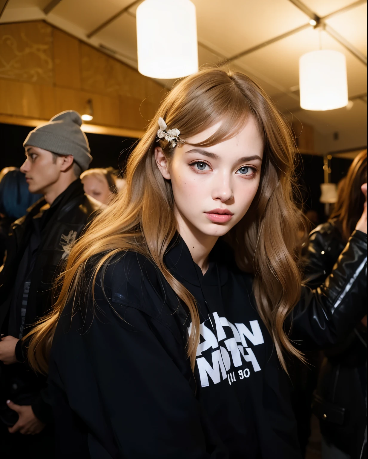mulher arafada com um grampo de cabelo em uma camisa preta, dasha taran, marca ariana, Retrato de Sophie Mudd, Anna Nikonova aka Newmilky, cabelos ondulados penteados para um lado, franja repartida ao centro, franja repartida central, Bastidores da Semana de Moda, linda jovem modelo, Direction: Adam Saks, Angelina Stroganova, Alana Fletcher