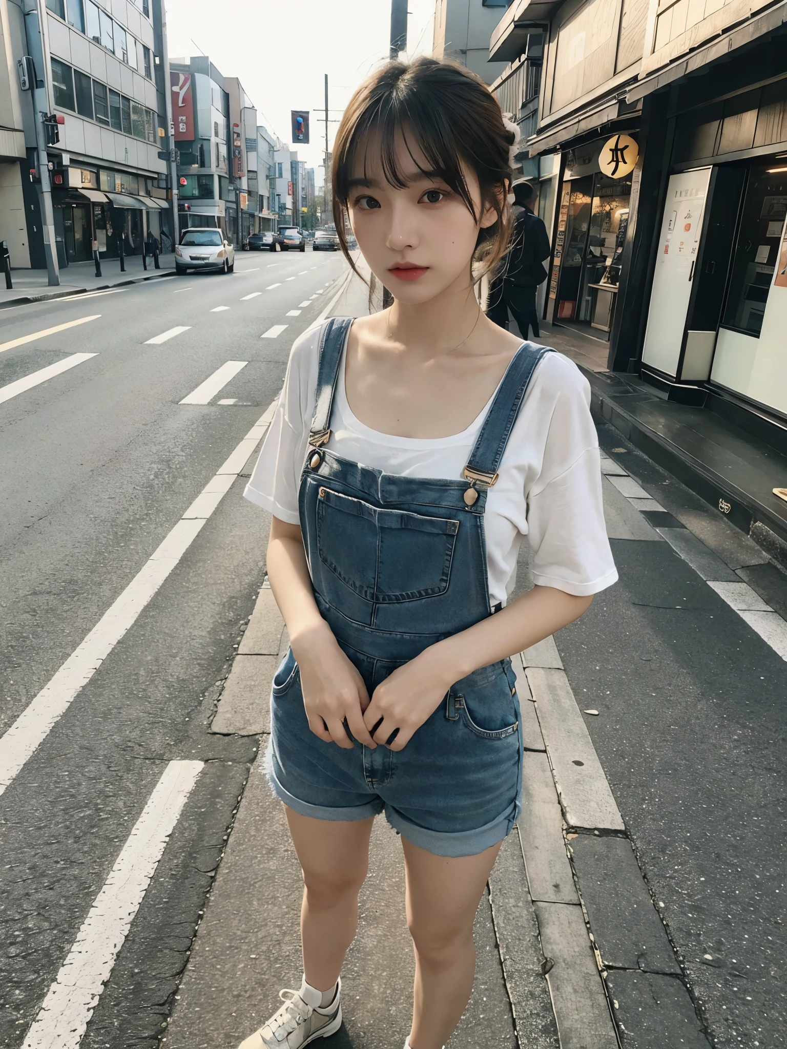 full body,// Bewitching eyes, well-balanced eyes, //street snap //wearing gucci overalls, //breast focus, ((facing viewer)), //at the street in tokyo, //japanese lady, pale skin, half updo,//droopy eyes,//gold hair, blunt bangs,//((standing)), high quality:1.3, Professional lighting:2.0 realistic:1.2, 4k resolution, detailed skin, masterpiece:1.1