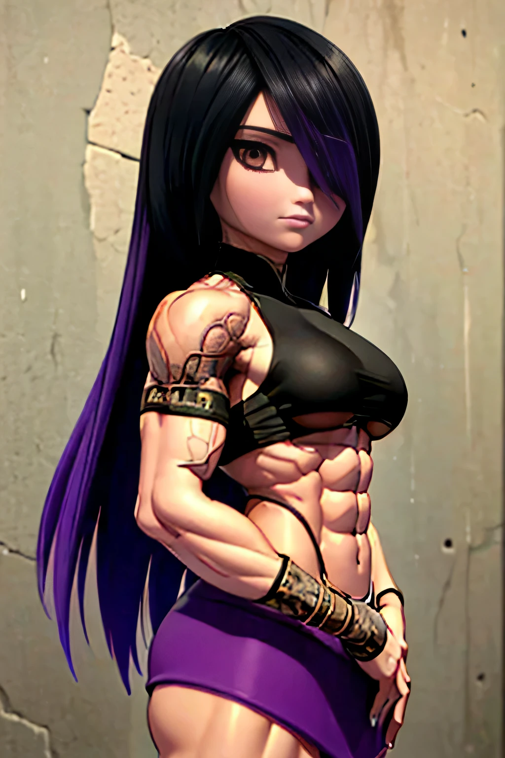 (best quality, masterpiece, high resolution),(side view:1.6), bodybuilder, (big muscles), (big pectorals), narrow waist, (face fierce and firm). is doing a body lift, lifting small barbells in both hands, great detail, insane detail, intricate detail, beautiful color grading, incredibly detailed and intricate, hyper maximal, elegant, hyperrealistic, super detailed ,(beautiful face: 2), beautiful woman face, thick muscular neck, matching neck, matching trapezius muscles, matching hair, slight smirk, neutral stare, glowing red eye-sight contrast, (8K UHD:1.2), (photorealistic:1.2),(masterpiece:1.4), (best quality:1.4),extremely detailed wallpaper, highly detailed illustrations, ((1 Girl)) , (super-complex details) official art, unity 8k wallpaper, ultra detailed, beautiful and aesthetic, masterpiece, best quality, ( zentangle, mandala, tangle, entangle), (fractal art:1.3) , masterpiece, , intricate detail,((bulking)),covered body upper body,(body builder:1.7), bodybuilder, fighter, killing machine, human killer, blood on her face, muscular, bob hair, busty, sexy, curvy, upper , from back angle, armpit, masterpiece, best quality, high quality, high definition, high quality texture, high quality shadow, high detail, beautiful detailed, fine detailed, extremely detailed cg, detailed texture, a realistic representation of the face, realistic, colorful , delicate, cinematic light, side light, Lens Flare, Ray Tracing, tailed beautiful delicate face, detailed beautiful delicate eyes, mature female, black and purple hair, long hair, black-top, purple-skirt ,bored, pompadour cut, muscular, toned, navel, booty, thick thighs, broad shoulders, big arm muscles, bicep's, meaty leg muscles, big massive thigh's, big upper body , showing her big booty and muscular back, big muscular upper body, muscle being shown in clothes , thick eyelashes, makeup.
