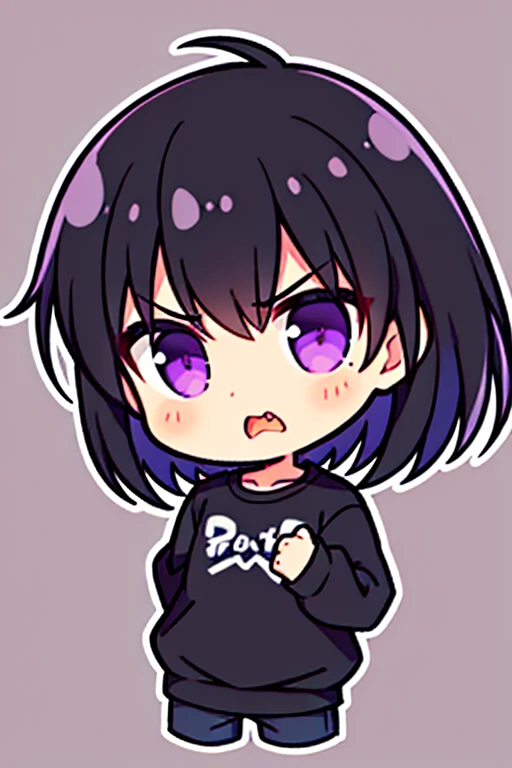 black sweatshirt ,medium hair，A  with purple eyes,face angrys,solo
