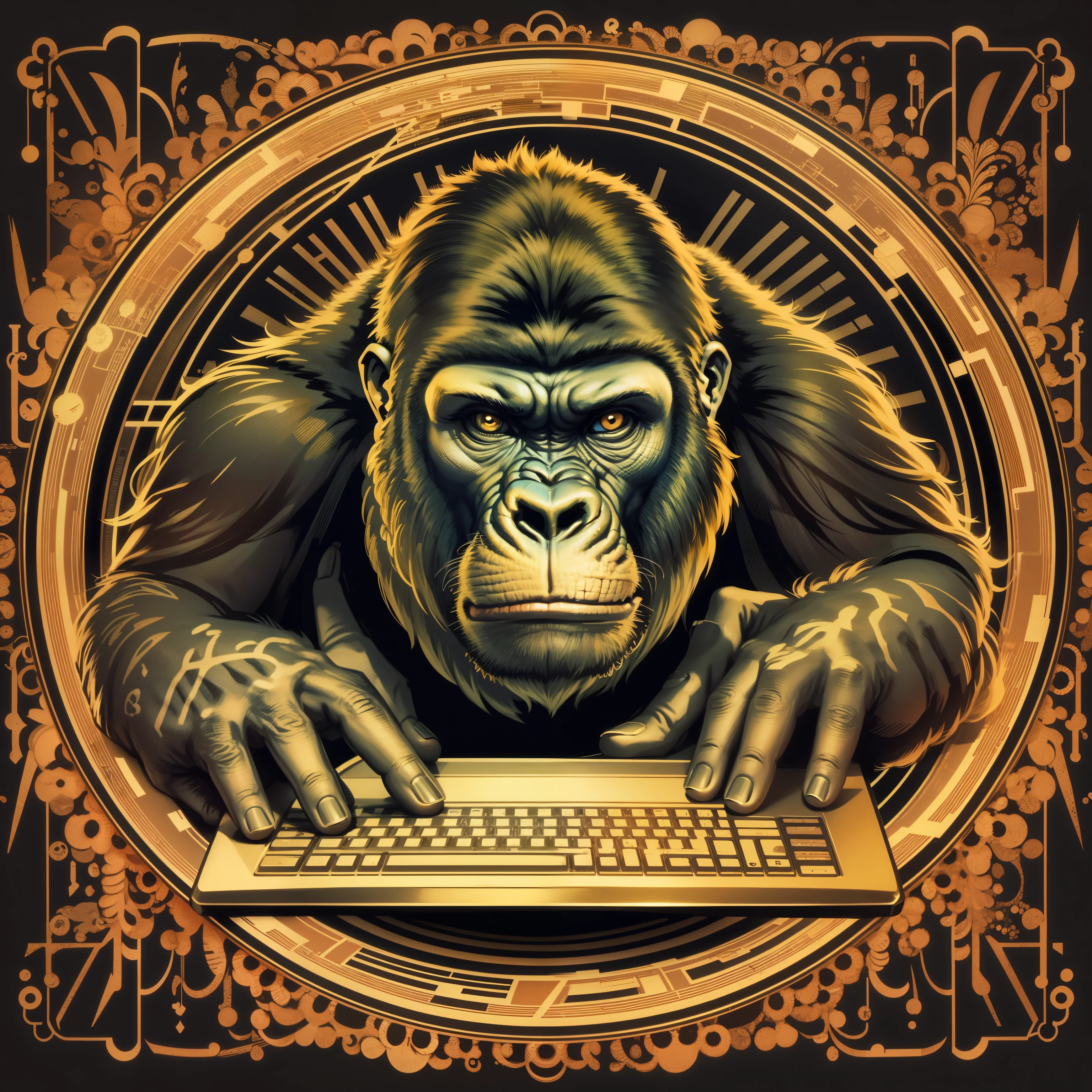 Gorilla with vector illustration with computer, into the circle gold frame