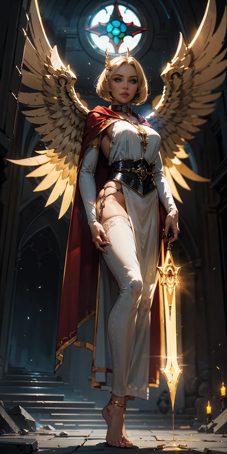 low angle, from below, paladin templar lady in white tabard, legwear, glowing yellow eyes, collar, golden chainmail, wide hips, barefoot, angel wings, pauldrons, halo, bob cut, blonde, eye focus, red cape, temple indoors, decorations, stained glass windows, night, particles, chromatic aberration, detailed, cinematic, dark scene, fantasy