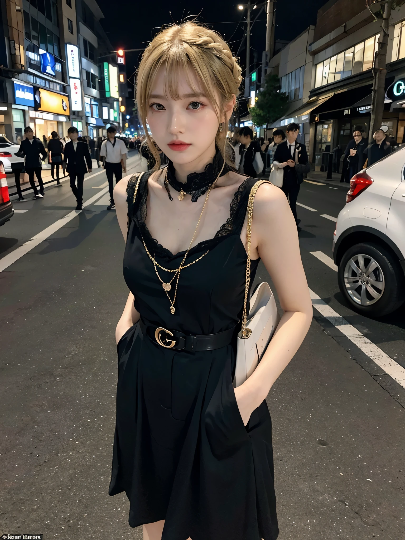 full body,// Bewitching eyes, well-balanced eyes, //street snap //wearing gucci, //breast focus, ((facing viewer)), //at the street in tokyo, //japanese lady, pale skin, half updo,//droopy eyes,//gold hair, blunt bangs,//((standing)), high quality:1.3, Professional lighting:2.0 realistic:1.2, 4k resolution, detailed skin, masterpiece:1.1