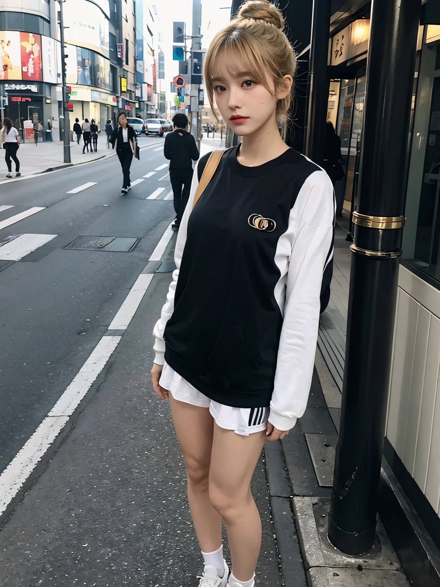 full body,// Bewitching eyes, well-balanced eyes, //street snap //wearing gucci sports style, //breast focus, ((facing viewer)), //at the street in tokyo, //japanese lady, pale skin, half updo,//droopy eyes,//gold hair, blunt bangs,//((standing)), high quality:1.3, Professional lighting:2.0 realistic:1.2, 4k resolution, detailed skin, masterpiece:1.1