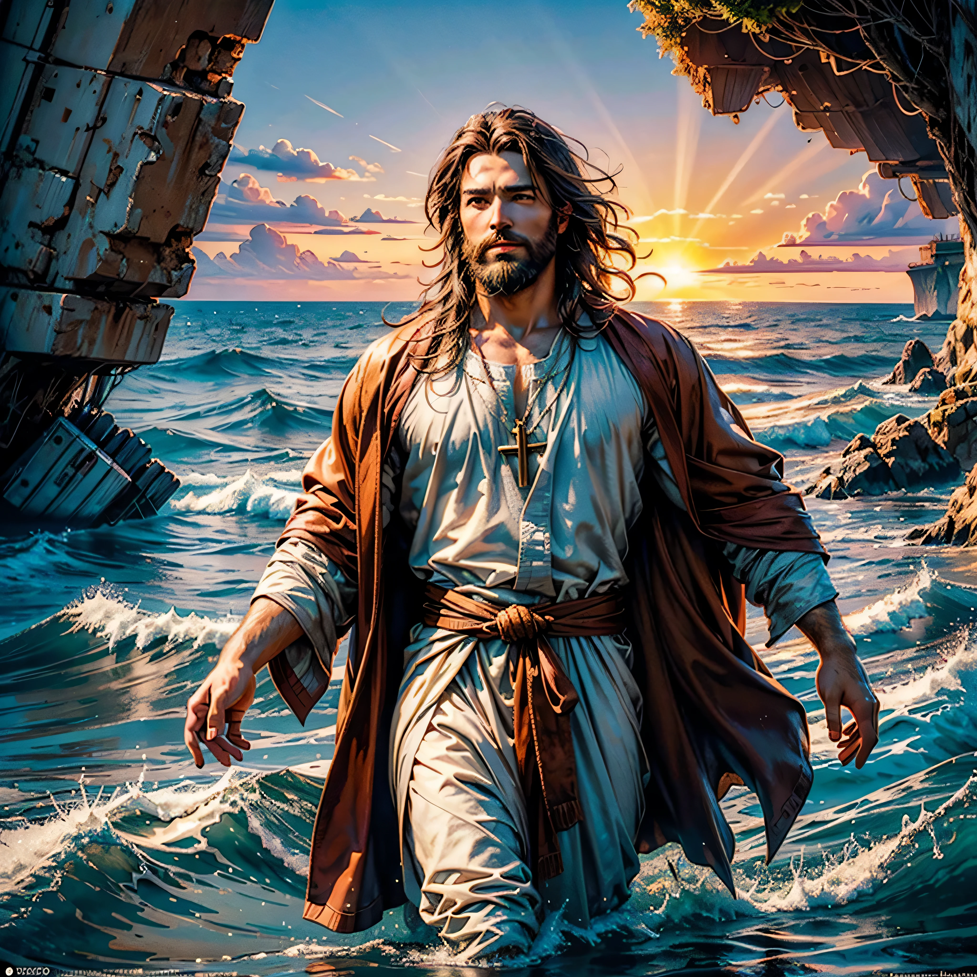 Sunset Spacious Sunrise sunshine, A handsome god Jesus christ ( jesus) blessing to the sky 35 years old with a long brown hair and long beard, healing woman, heaven blessings light with a cross background) happy face, ultra pro-realistic ,A beautiful ultra-thin realistic portrait of Jesus, the prophet, a man 35 years old Hebrew brunette, short brown hair, real perfect eyes, long brown beard, with, Helping People , wearing long linen tunic closed on the chest part, in front view, full body, biblical, ultra pro-realistic,by Diego Velázquez,Peter Paul Rubens,Rembrandt,Alex Ross,8k, Concept Art, ultra pro PhotoRealistic, Realistic, Illustration, Oil Painting, Surrealism, HyperRealistic, helping people , Digital art, style, watercolorReal Jesus flying on sky with a flying cloud in the background, Jesus walking on water, biblical illustration, epic biblical representation, forcing him to flee, coming out of the ocean, ! holding in hand!, disembarking, god of the ocean, beautiful representation, 3D Model, realistic, a 3D Realistic of jesus with a halo in the sky, jesus christ, smiling in heaven, portrait of jesus christ, jesus face, 35 young almighty god, portrait of a heavenly god, greg olsen, gigachad jesus, jesus of nazareth, jesus, the face of god, god looking at me, he is greeting you warmly, he is happy, avatar image create a mesmerizing ambiance.optimal bright_color dappled_sunLight meticulously intricate ultra_high-details ultra_high-res hyper pro-Photo-realistic ultra_high-quality ultra_high-def UHD XT3 DSLR HDR extreme improved Octane-rendered opengl-shaders glsl-shader romm rgb pbr shading 3DCG fxaa global illumination cgi vfx sfx fkaa txaa rtx ssao post-processing post-production cell-shading tone-mapping Ultra_sharpness focus accurate max saturate reflex analogique Vivid DSLR color-coded luminescence volumetric Cinematic_Sunrise lightning contrast incandescent Cristallines floraison zentangle fleuraison varied multi etc. --s 1000 --c 20 --q 20 --chaos 100